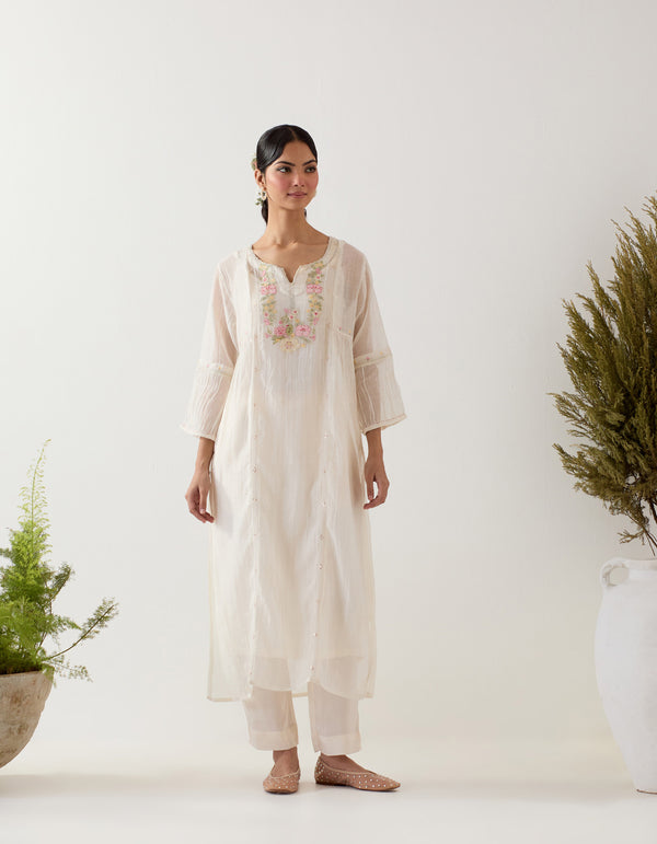 White Parrot and peonies kurta set