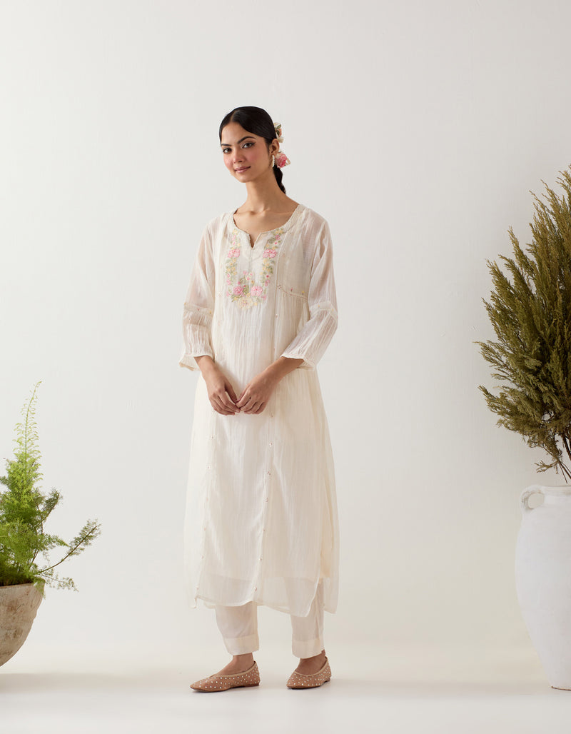 White Parrot and peonies kurta set