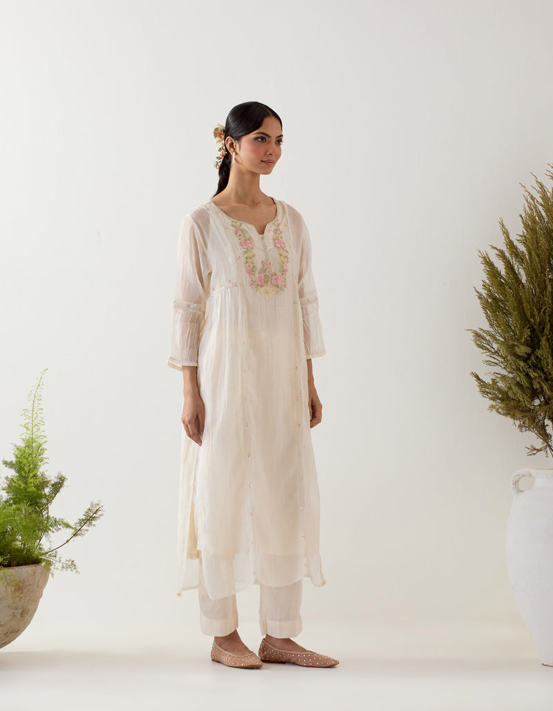 White Parrot and peonies kurta set