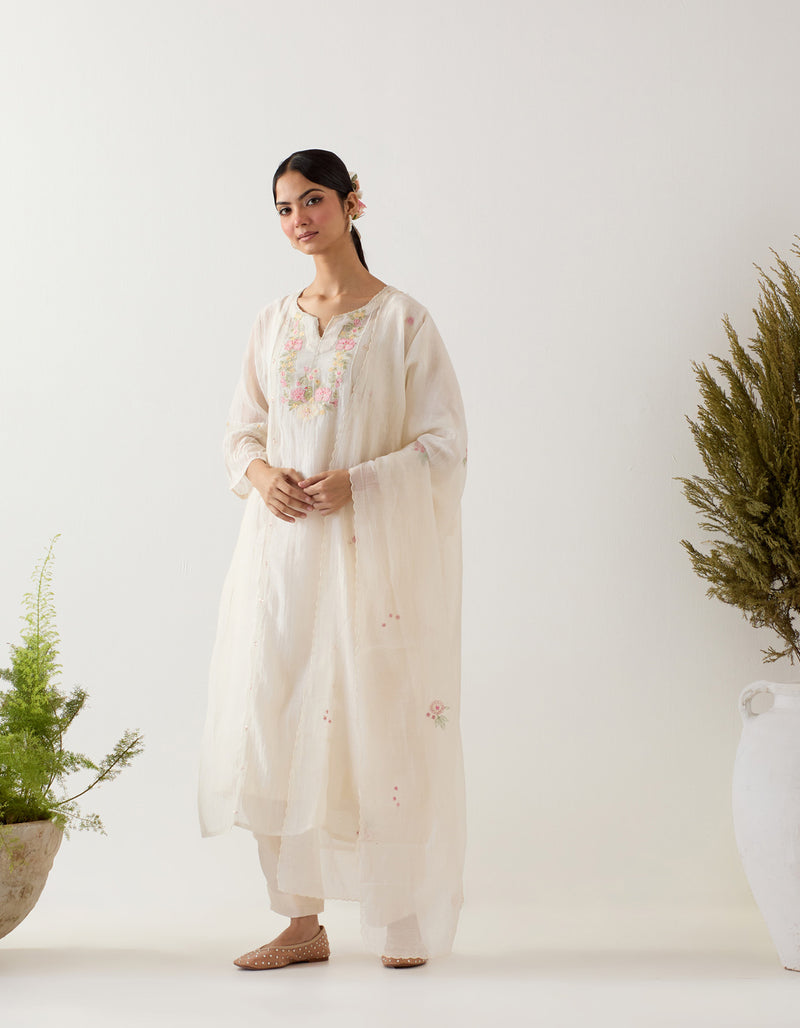 White Parrot and peonies kurta set