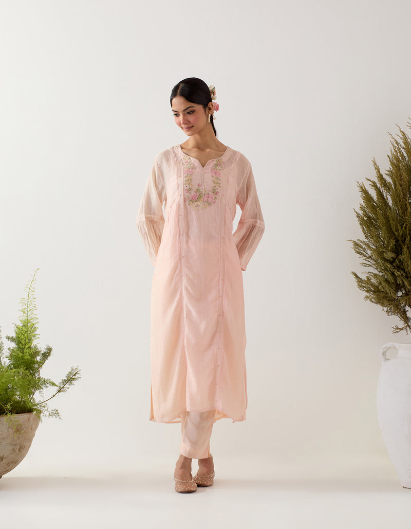 Ivory Pink parrot and pionies kurta set