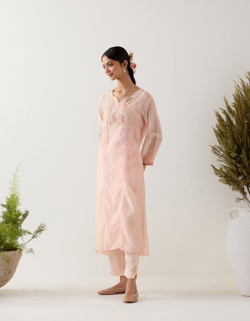 Ivory Pink parrot and pionies kurta set