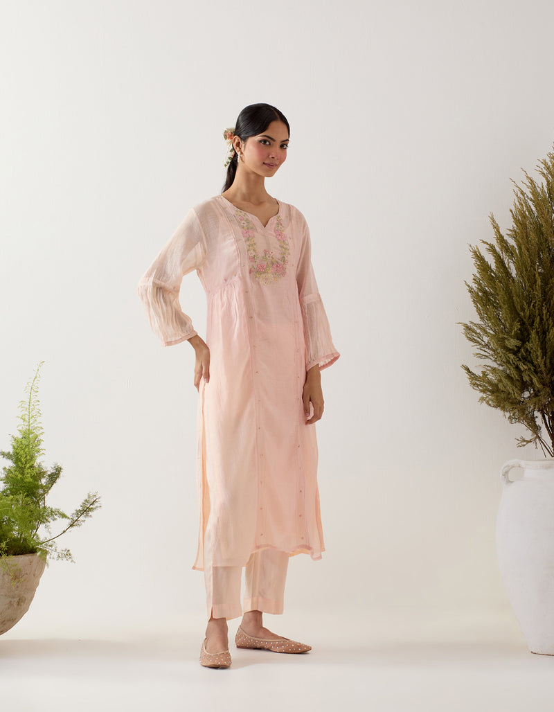 Ivory Pink parrot and pionies kurta set