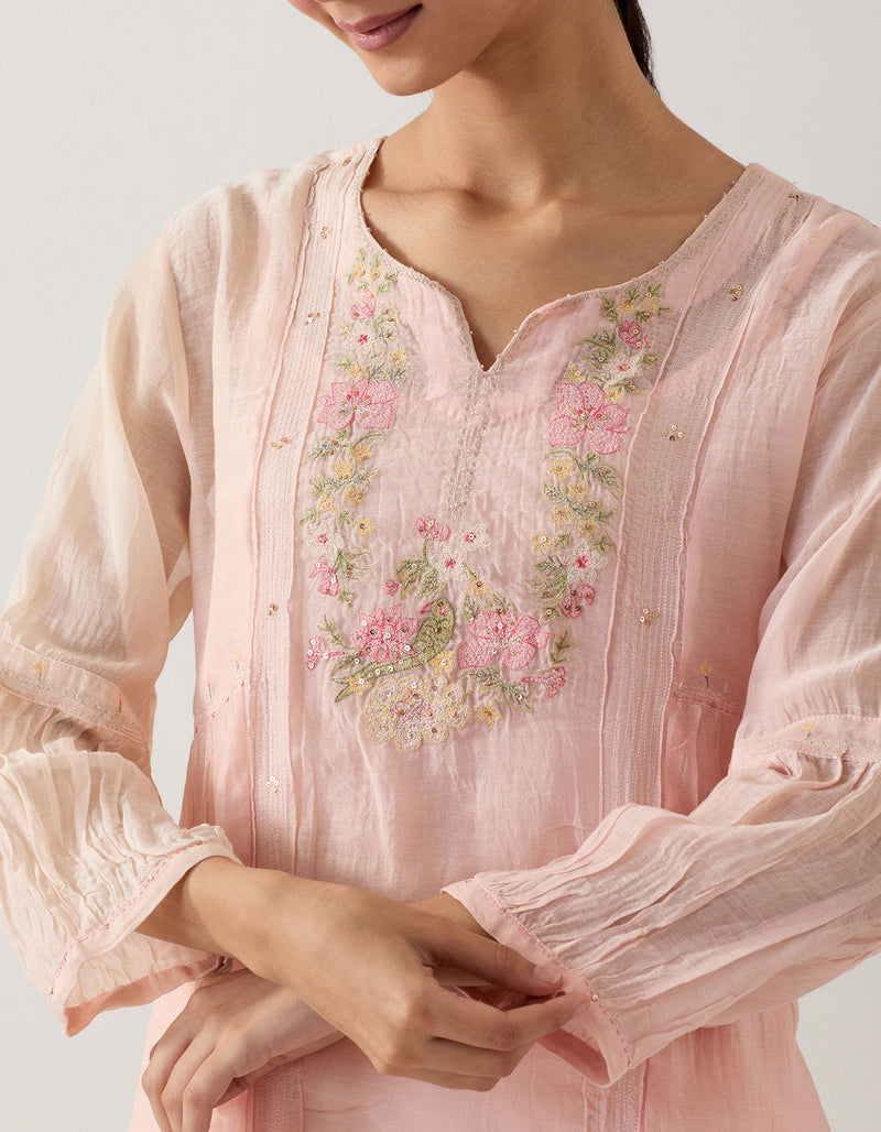 Ivory Pink parrot and pionies kurta set