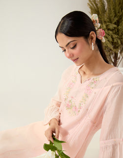 Ivory Pink parrot and pionies kurta set