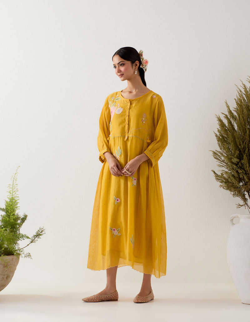 Mustard floral Applique dress