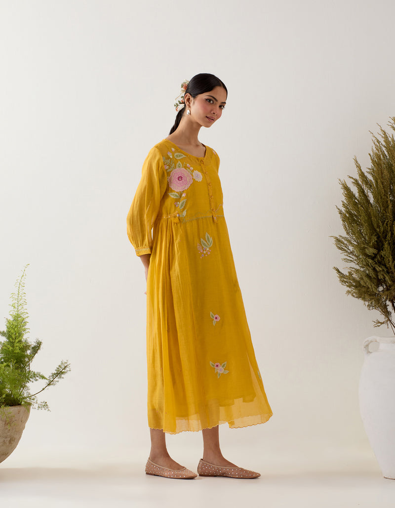 Mustard floral Applique dress