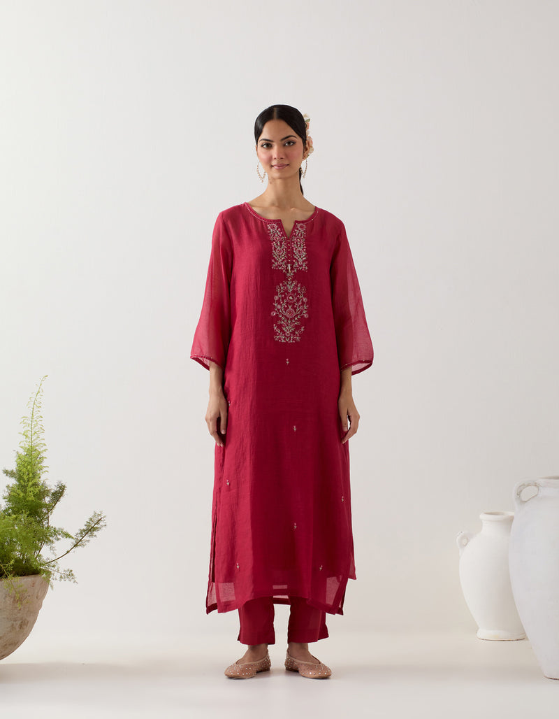 Red floral necklace kurta set