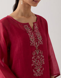 Red floral necklace kurta set