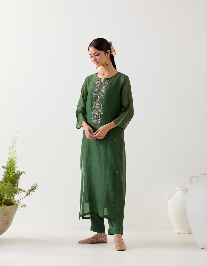 Bottle green pendant kurta set