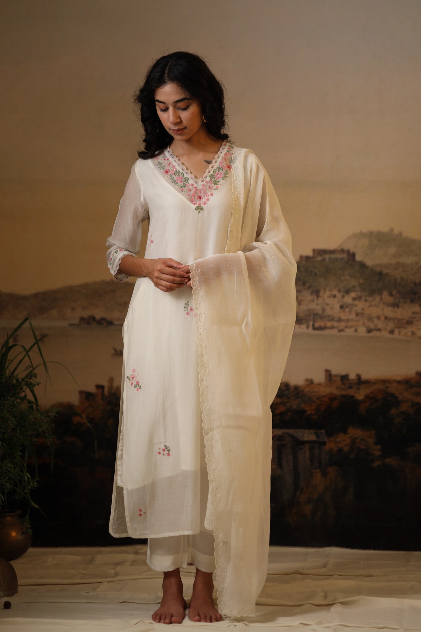 Ivory White Rangoon kurta set with dupatta