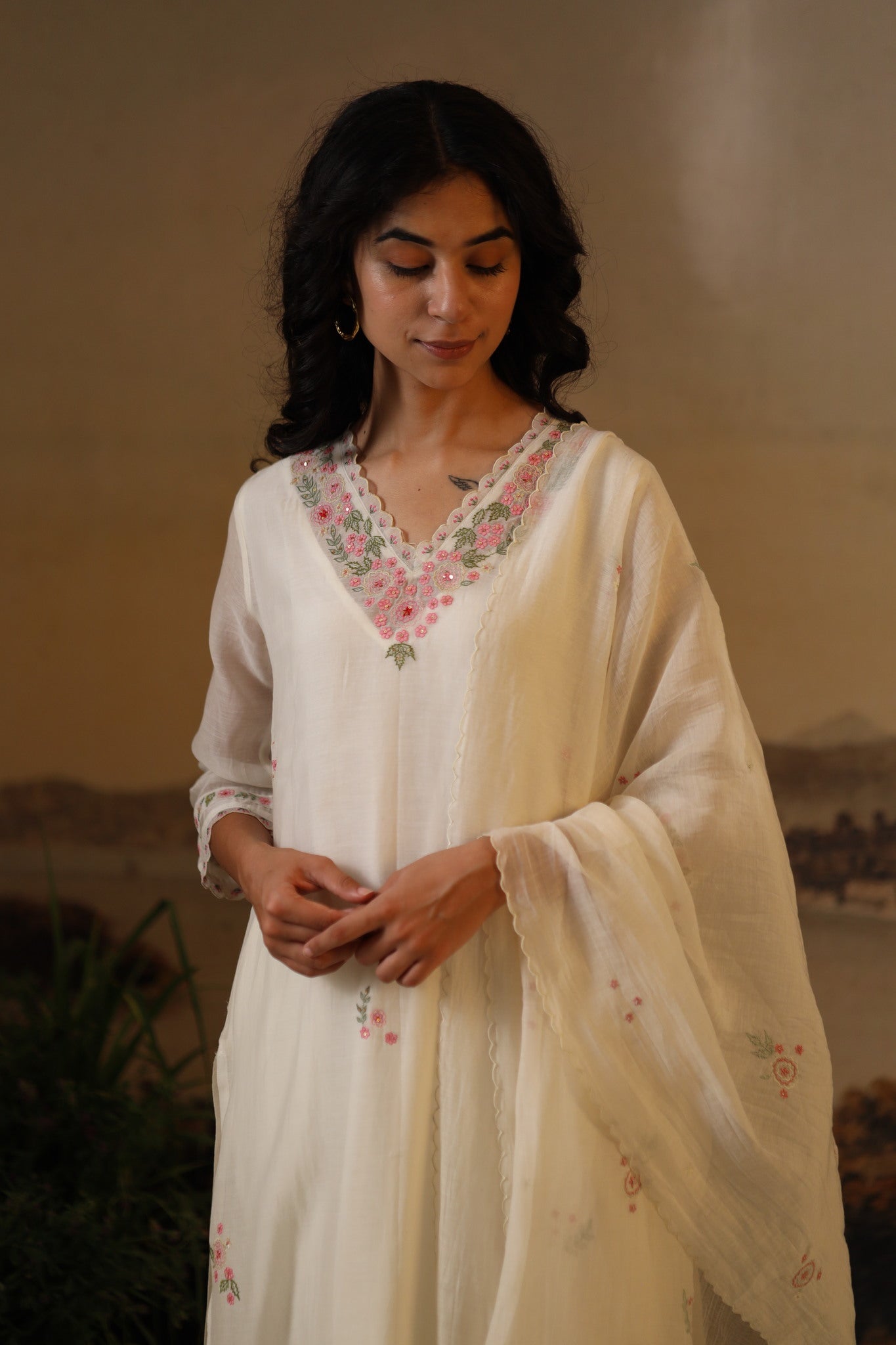 Ivory White Rangoon kurta set with dupatta