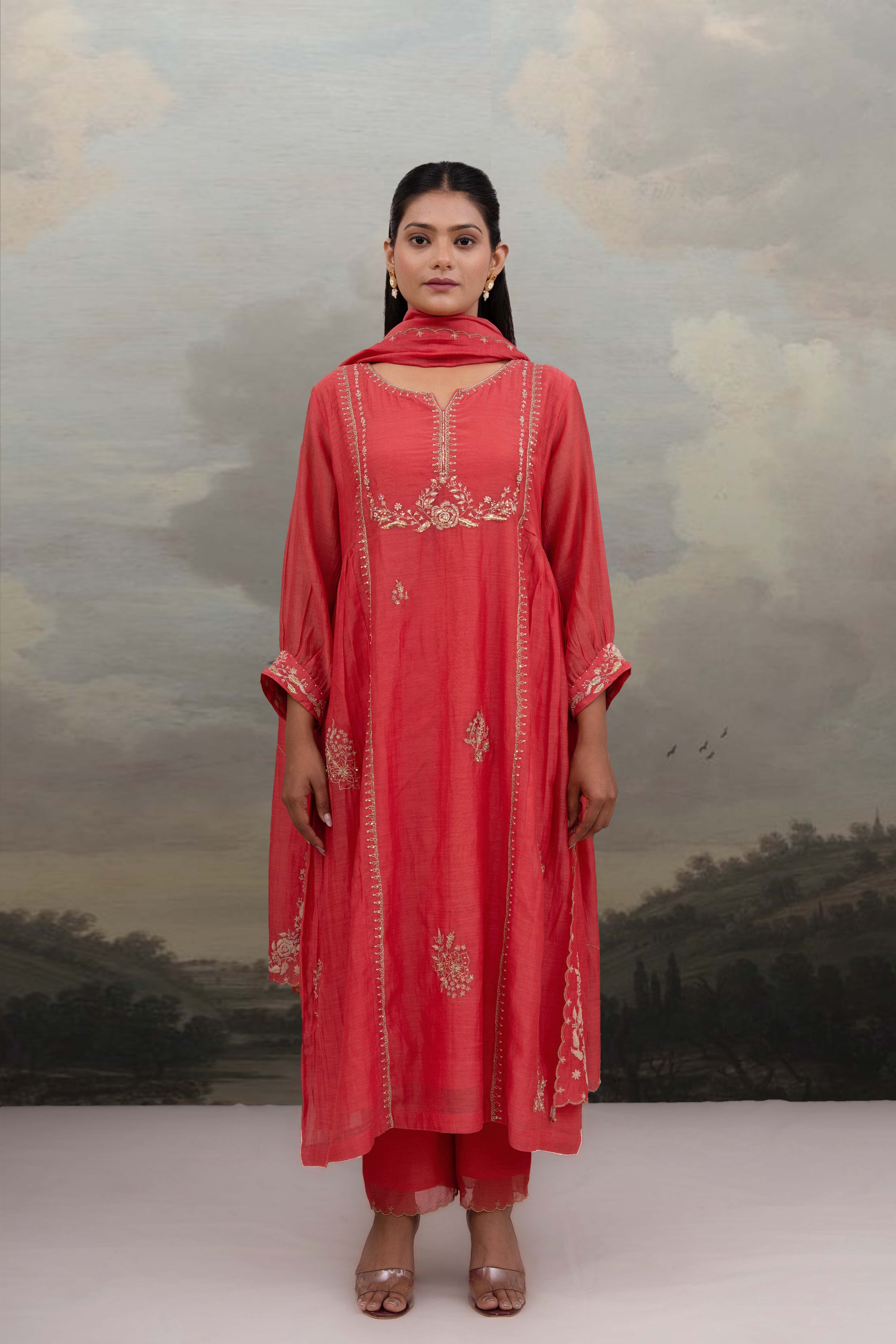 Coral pink Rose gold Zardosi kurta set