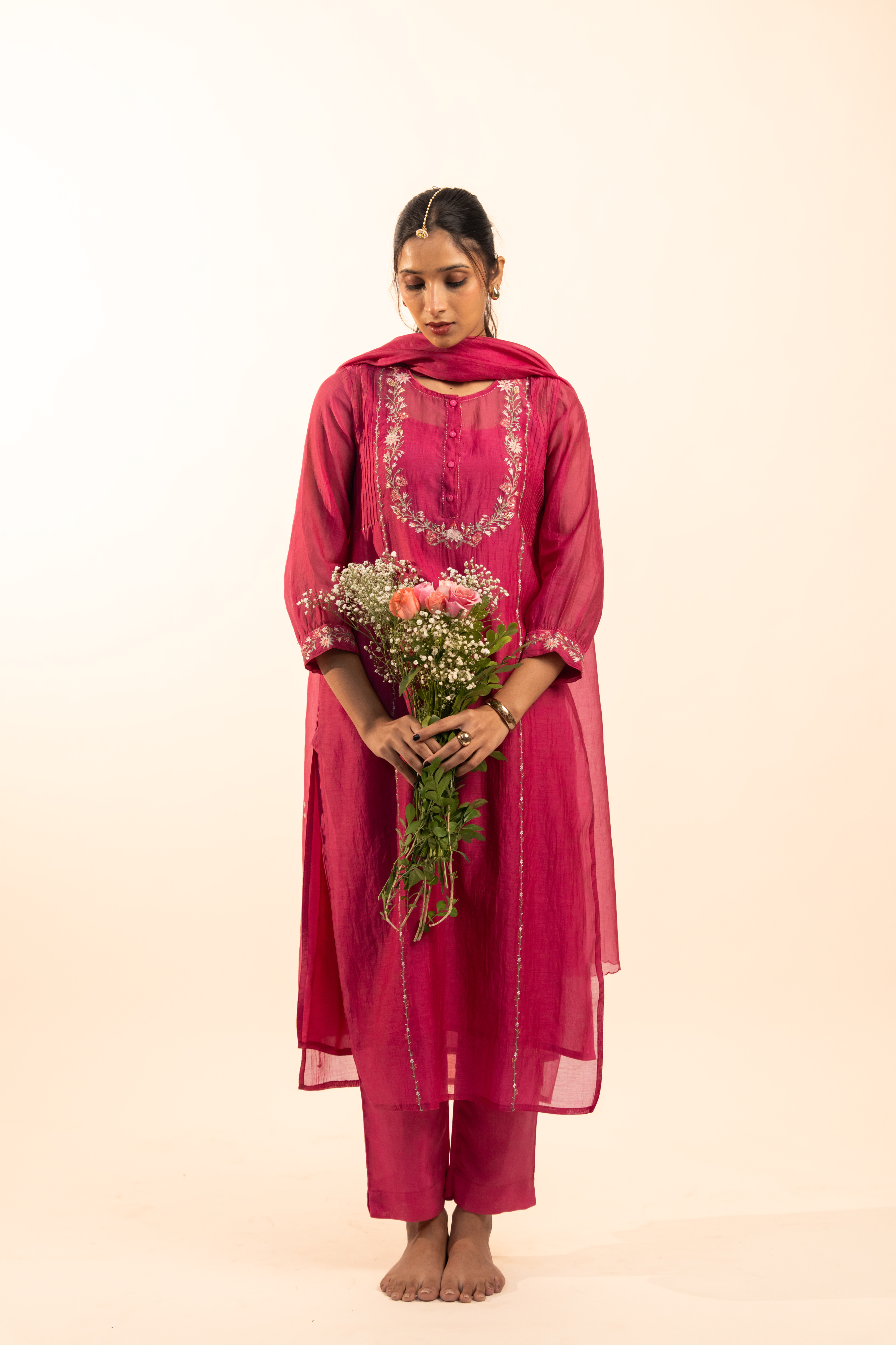 Hot pink camellia kurta set with duppata