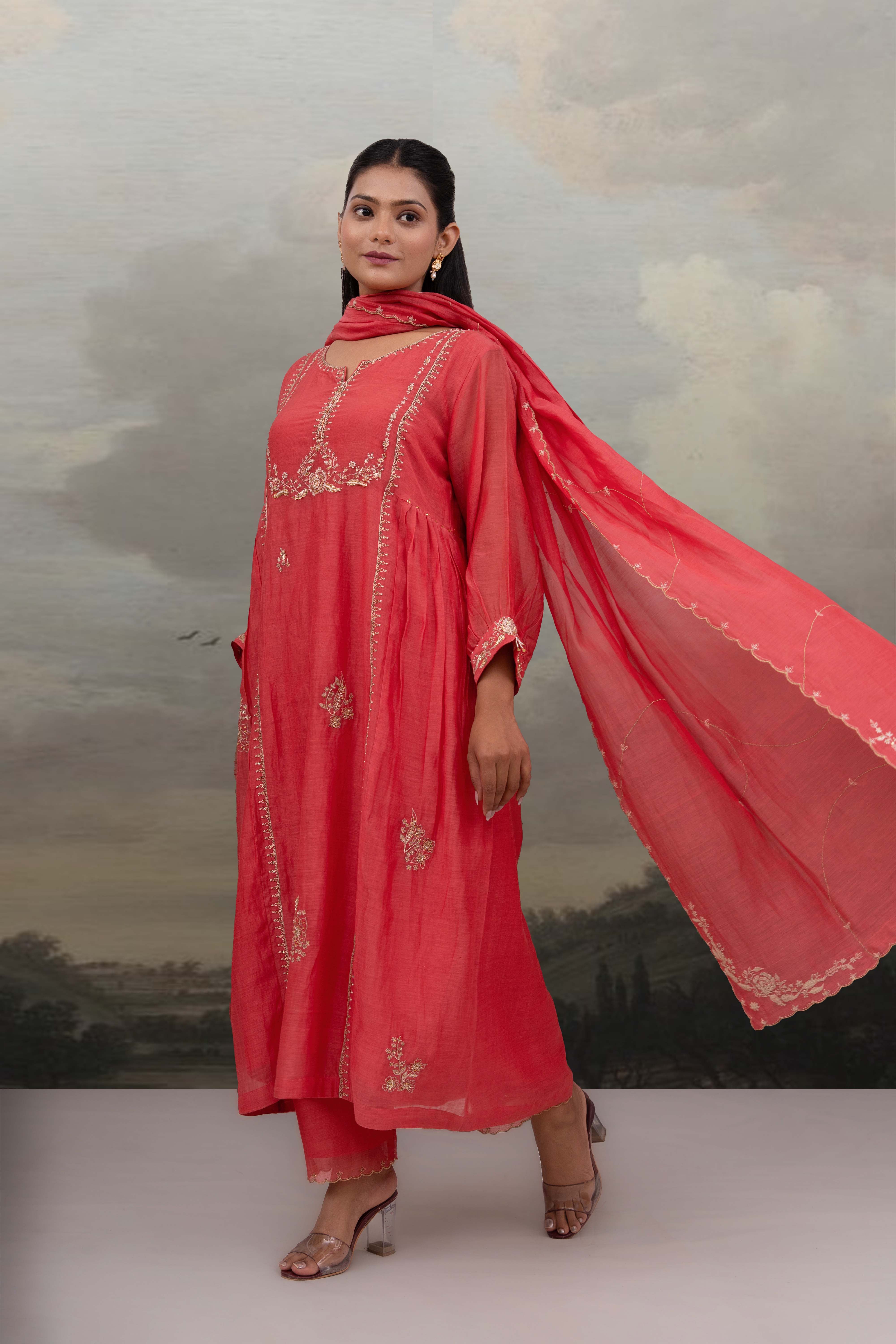 Coral pink Rose gold Zardosi kurta set