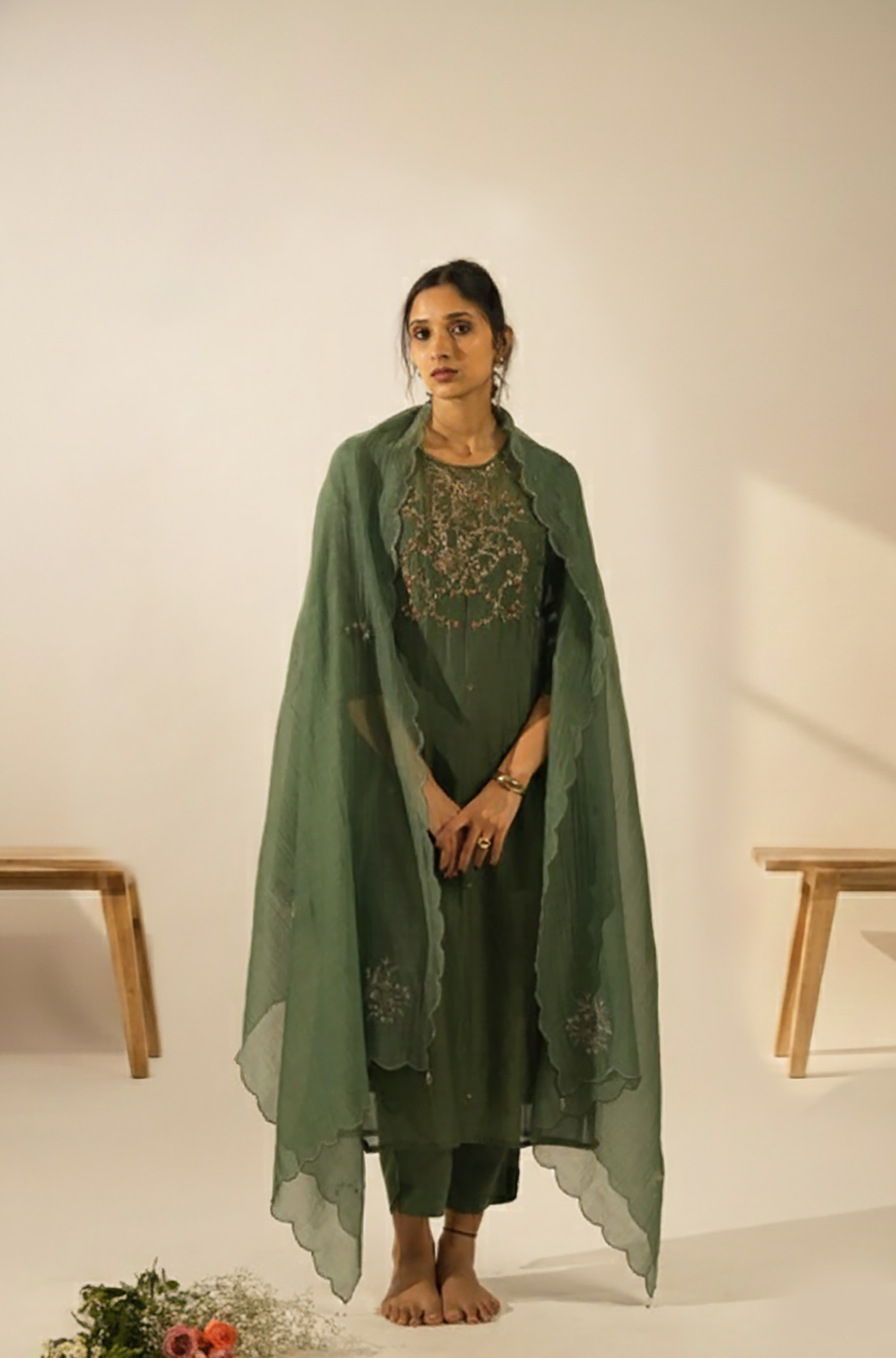Bottle green victorian suit set with duppata