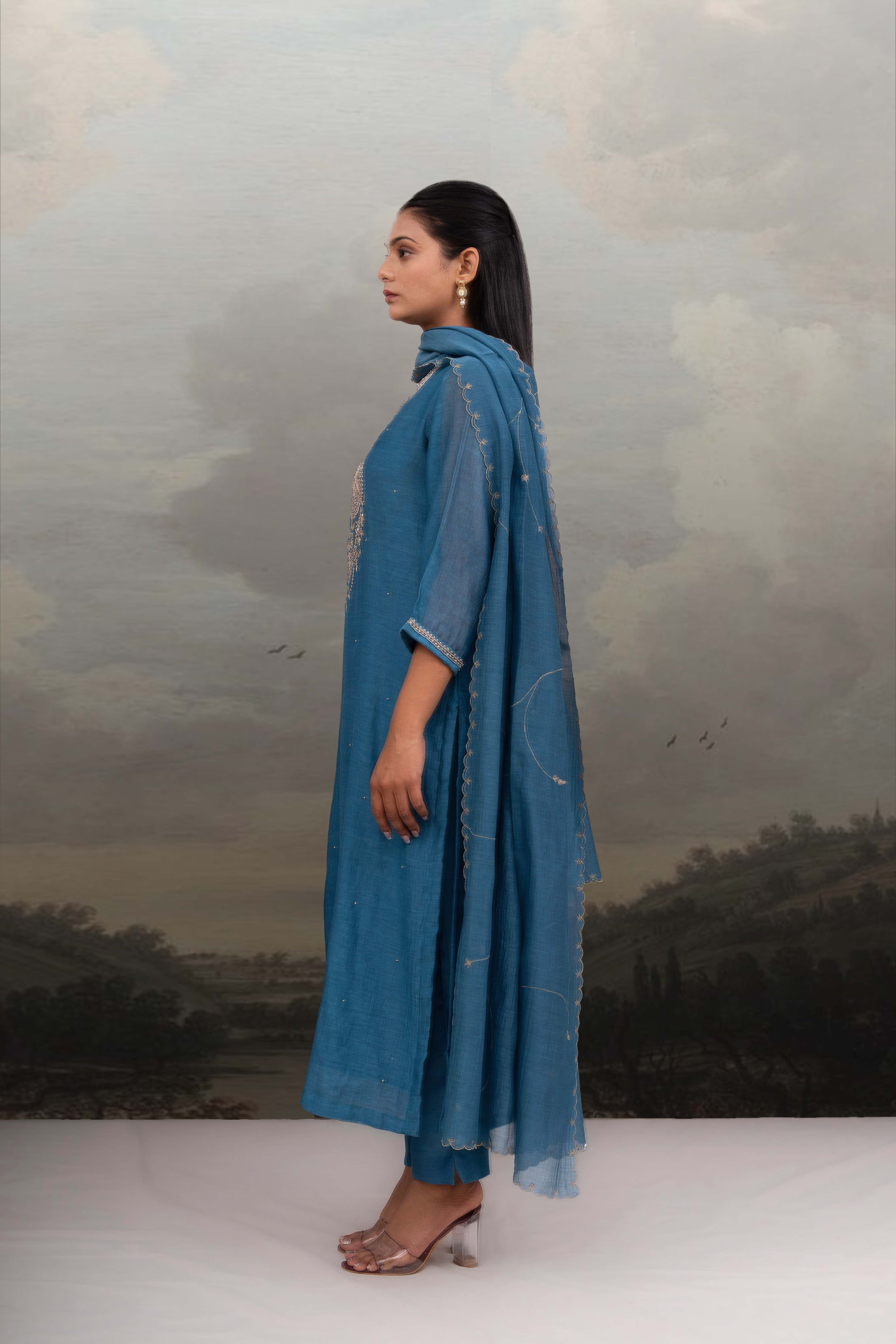 Turquoise paach patti zardosi kurta suit set