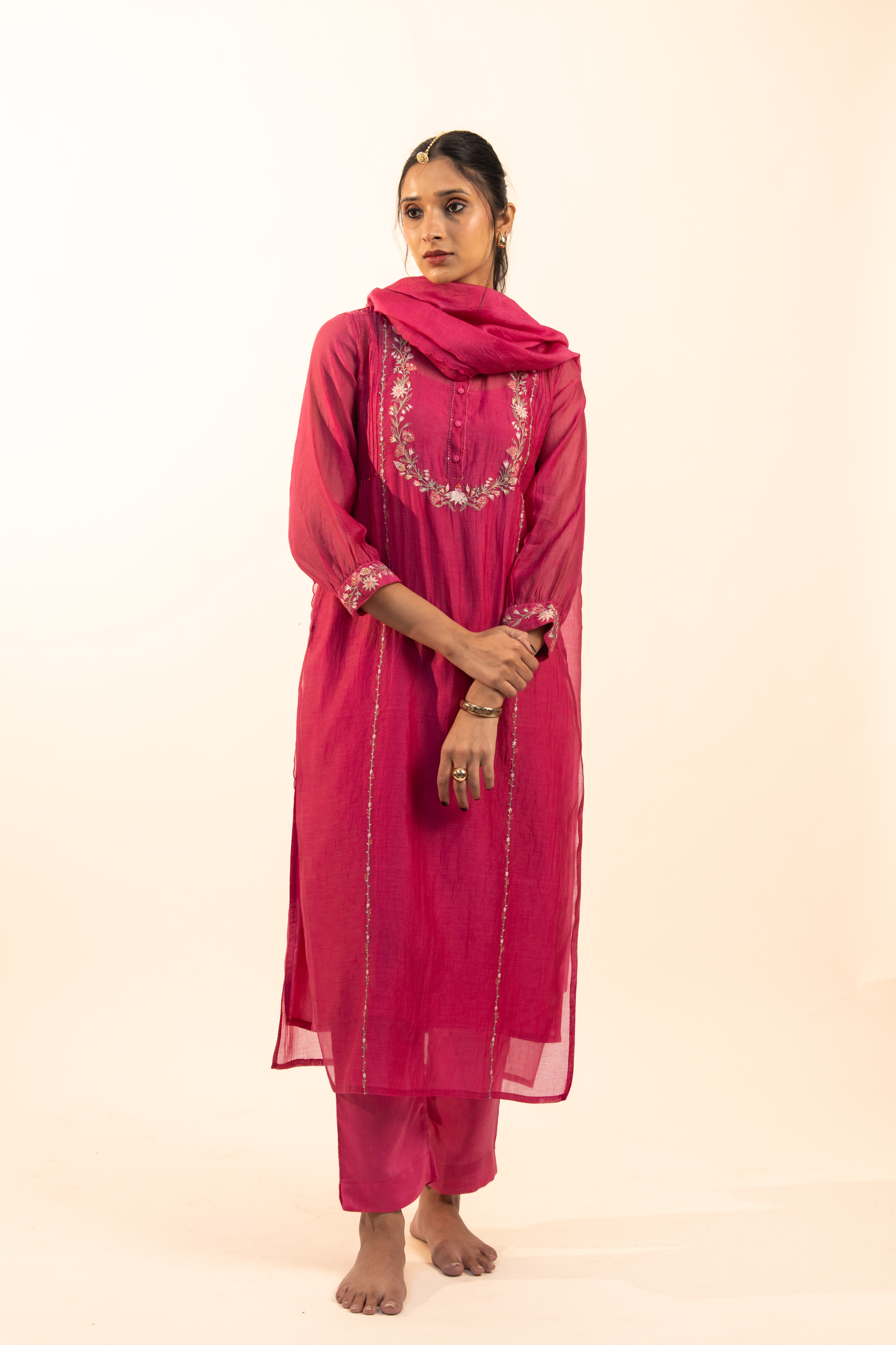 Hot pink camellia suit set with duppata