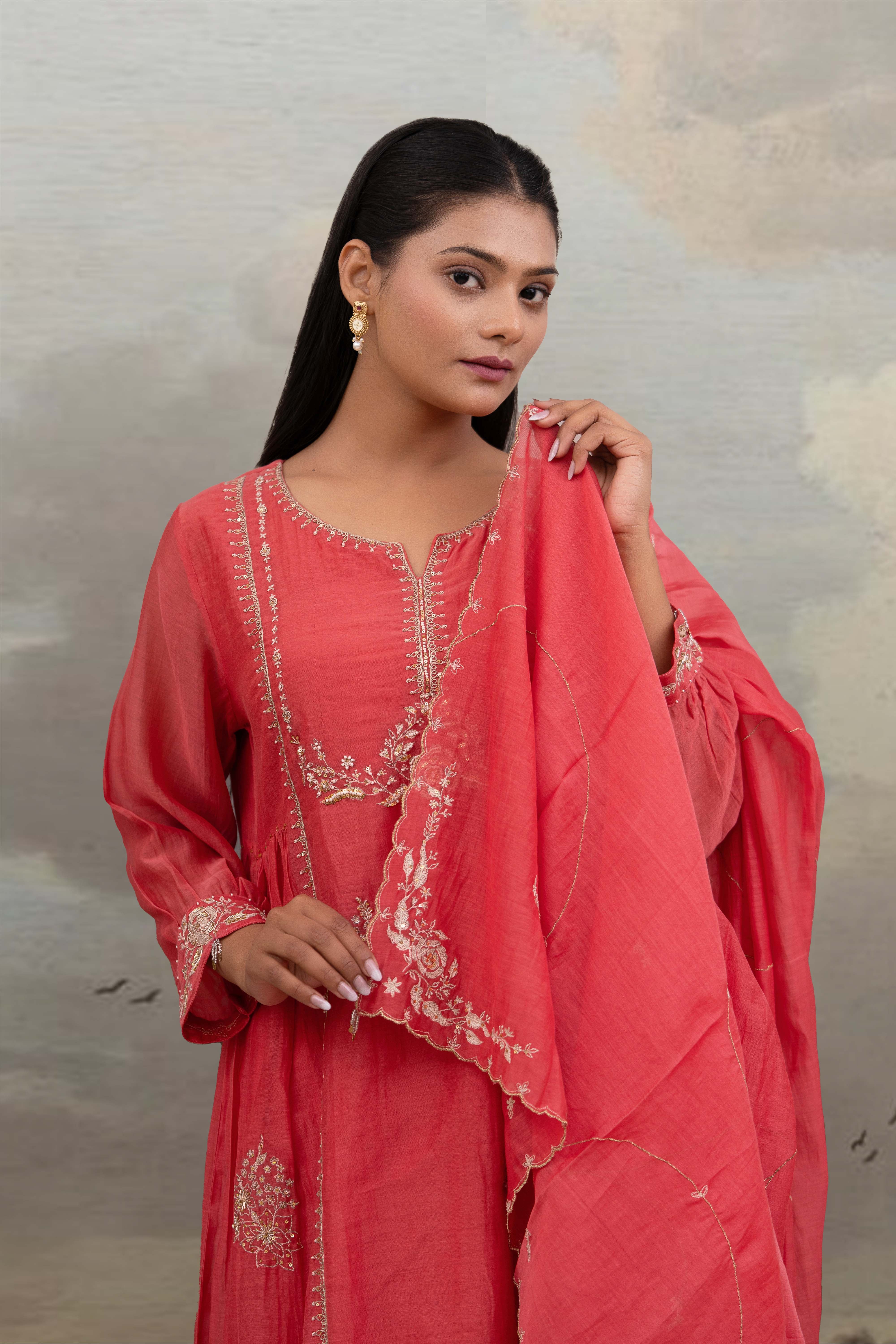 Coral pink Rose gold Zardosi kurta set