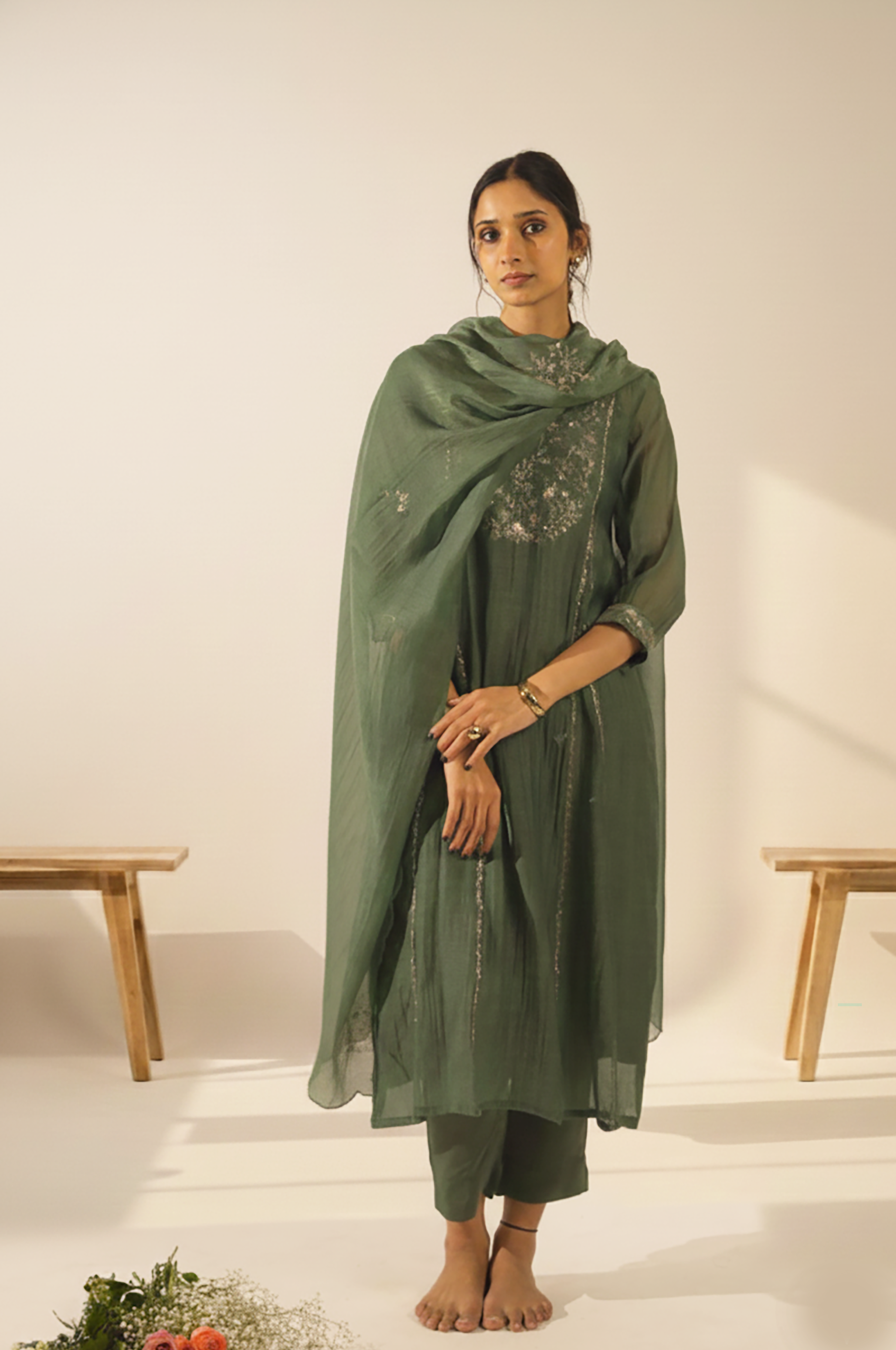 Bottle green midnight kurta set with duppata