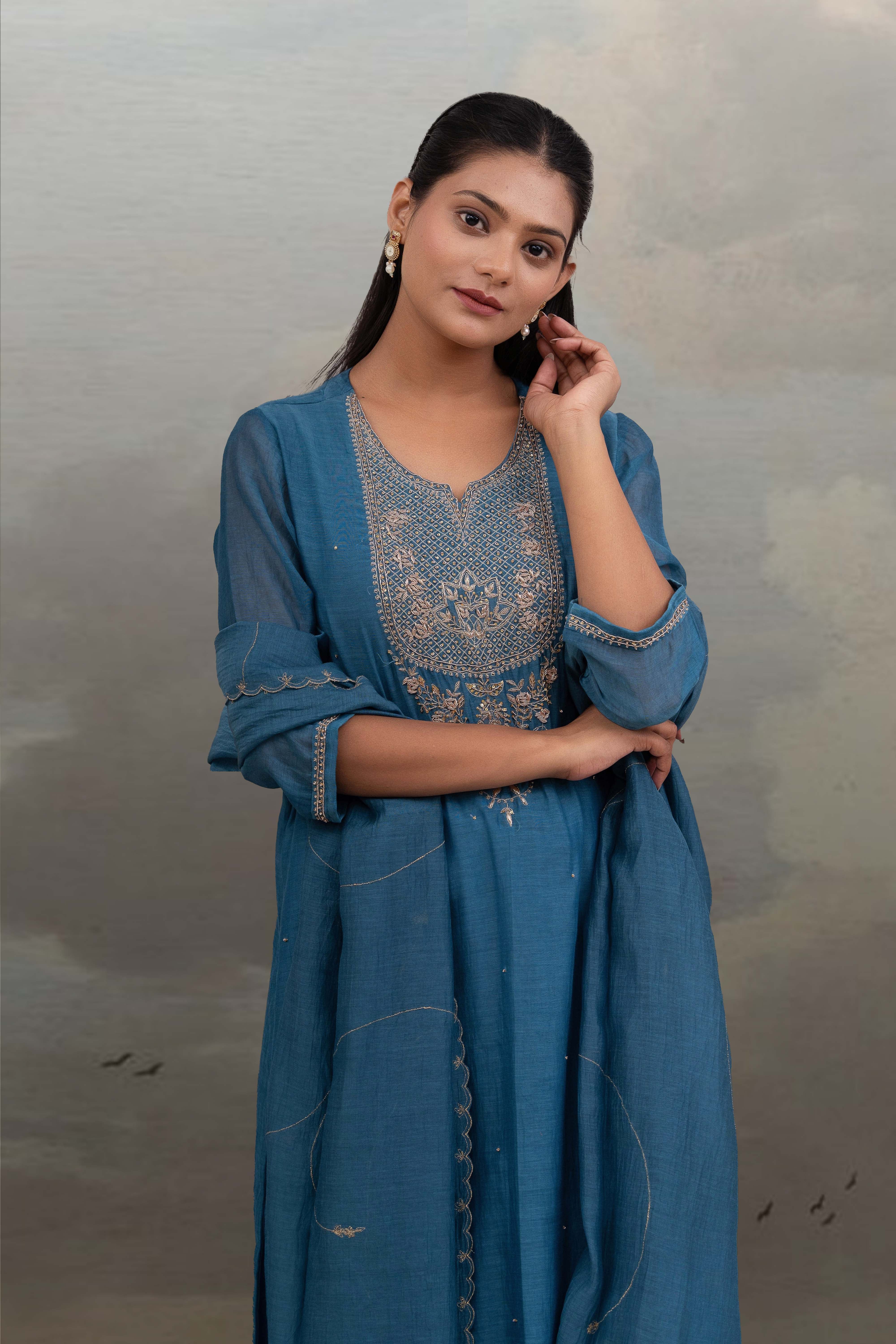 Turquoise paach patti zardosi kurta suit set