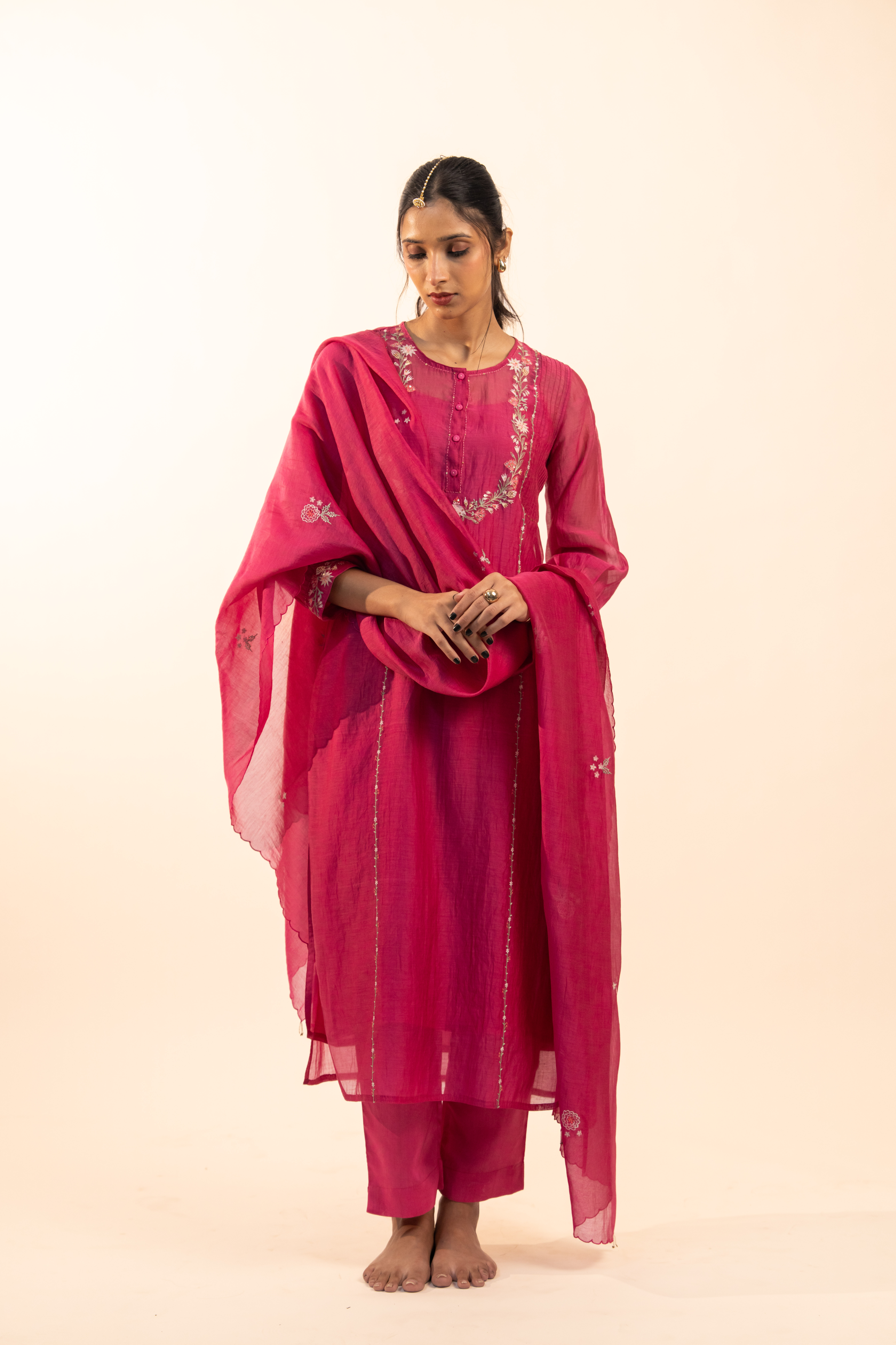 Hot pink camellia suit set with duppata