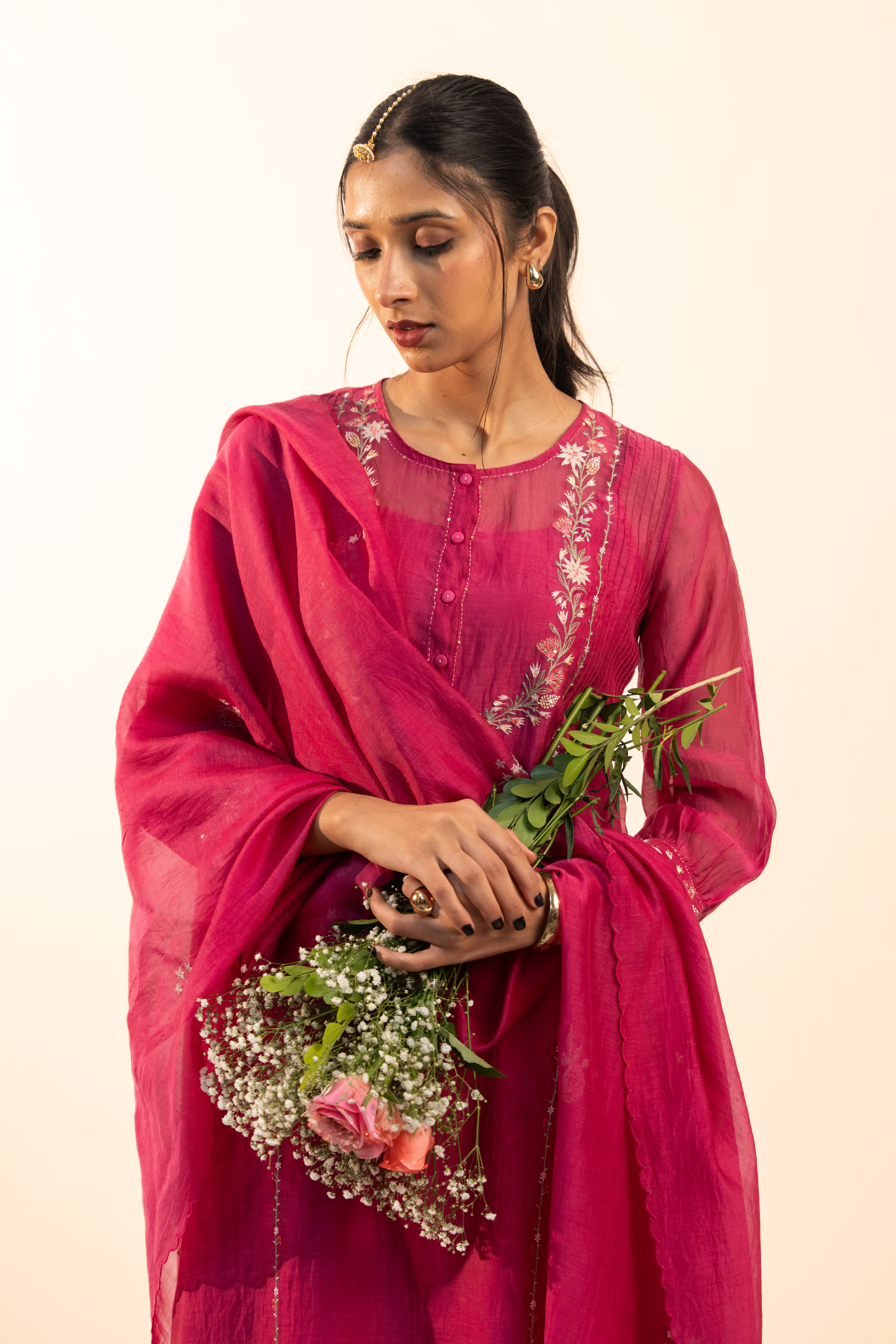Hot pink camellia suit set with duppata