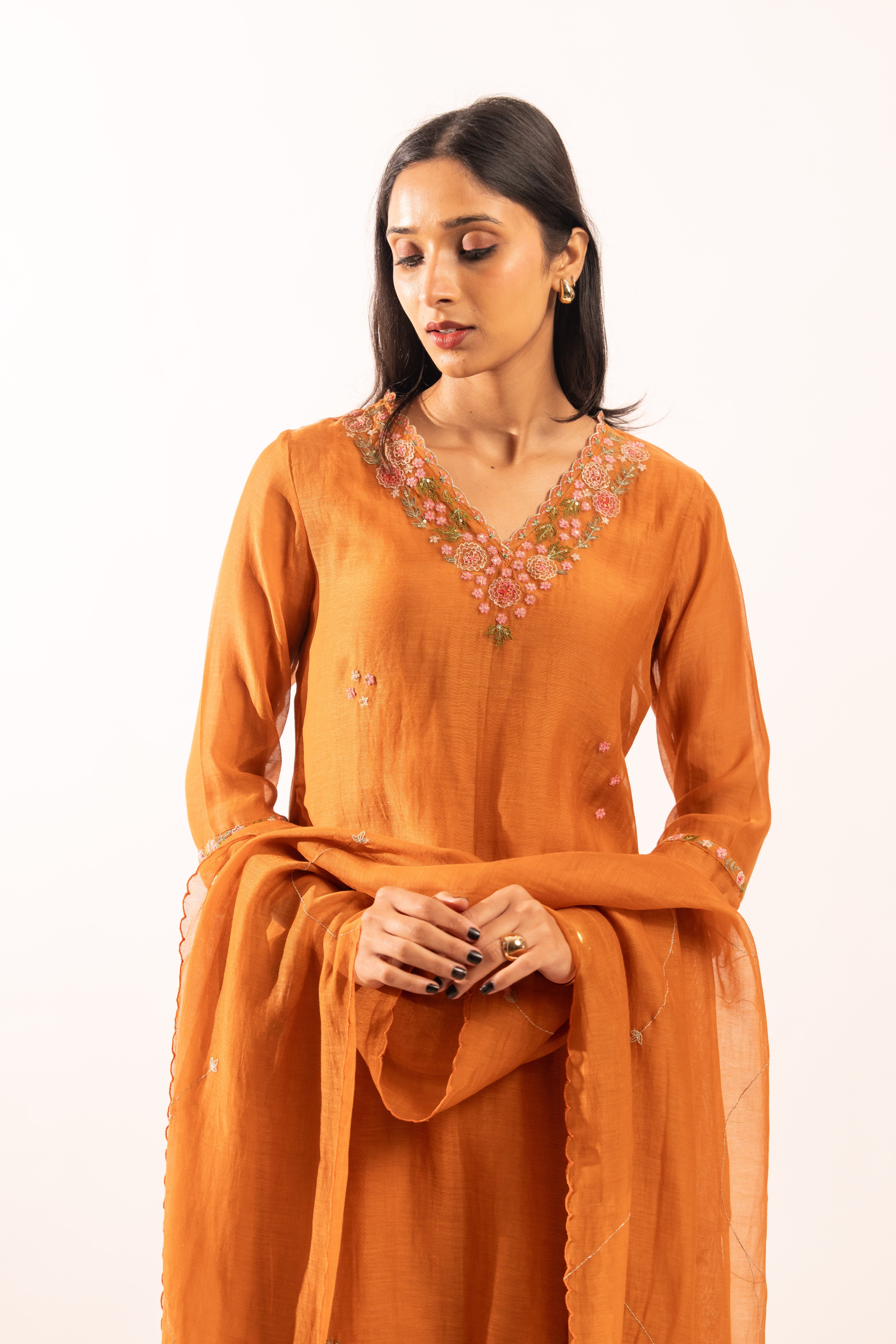 Rust orange Rangoon bail suit set with duppata