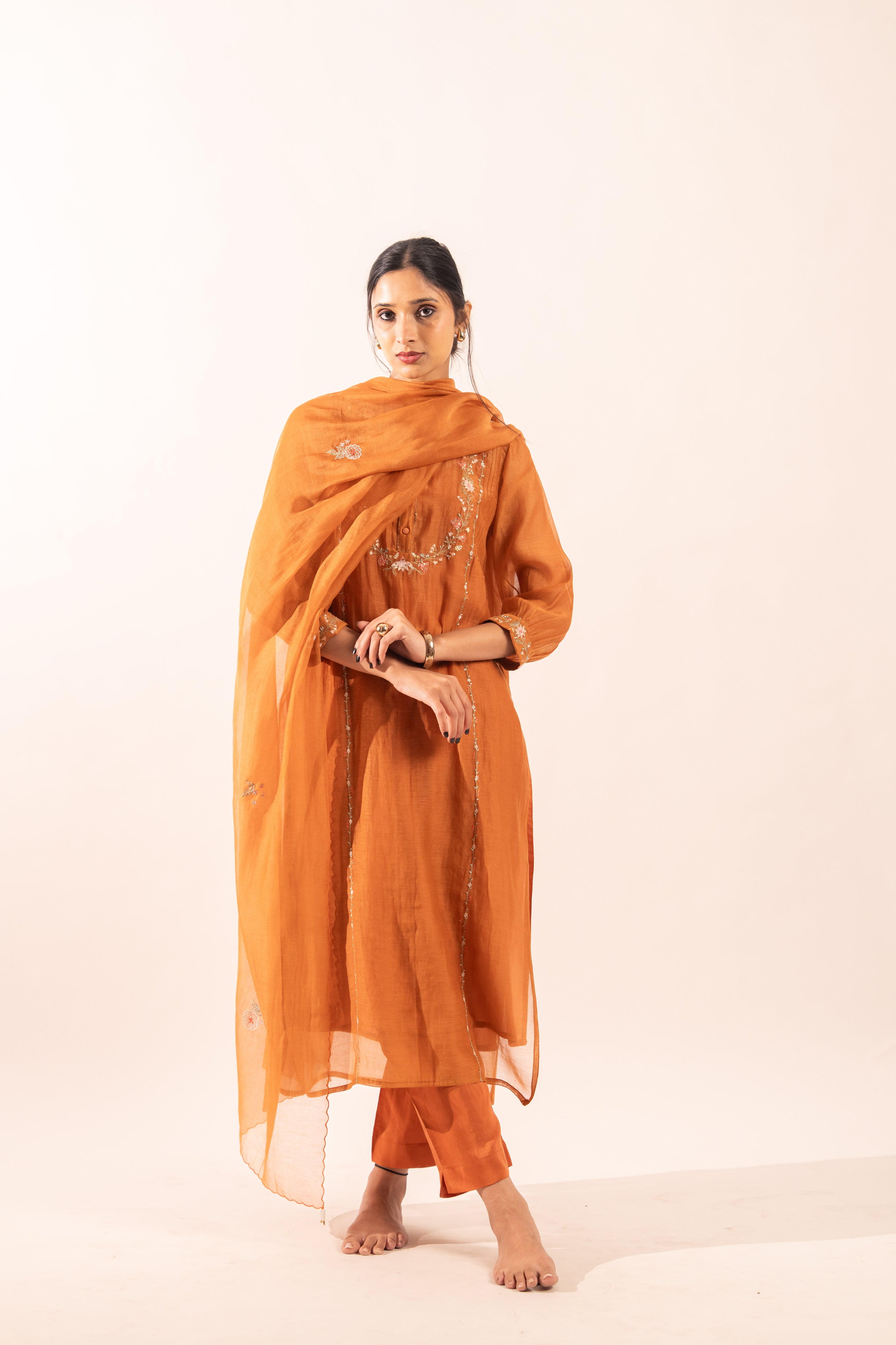 Rust orange camellia suit set with duppata
