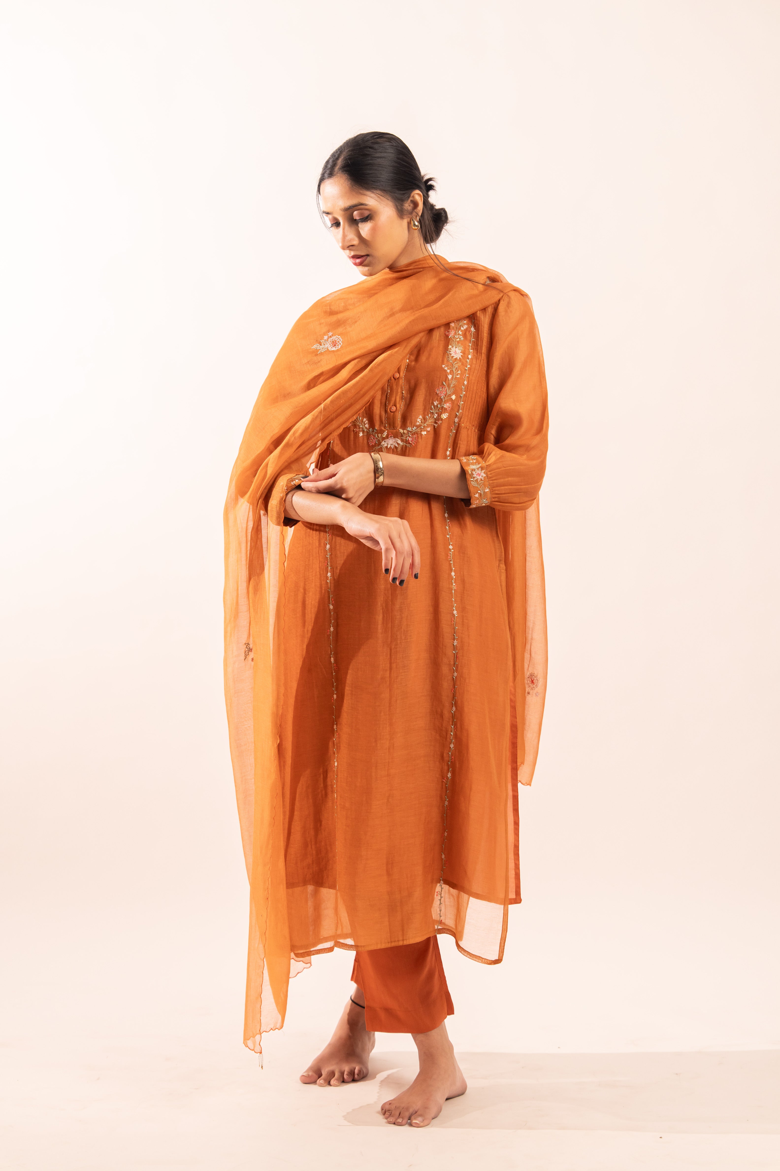 Rust orange camellia suit set with duppata