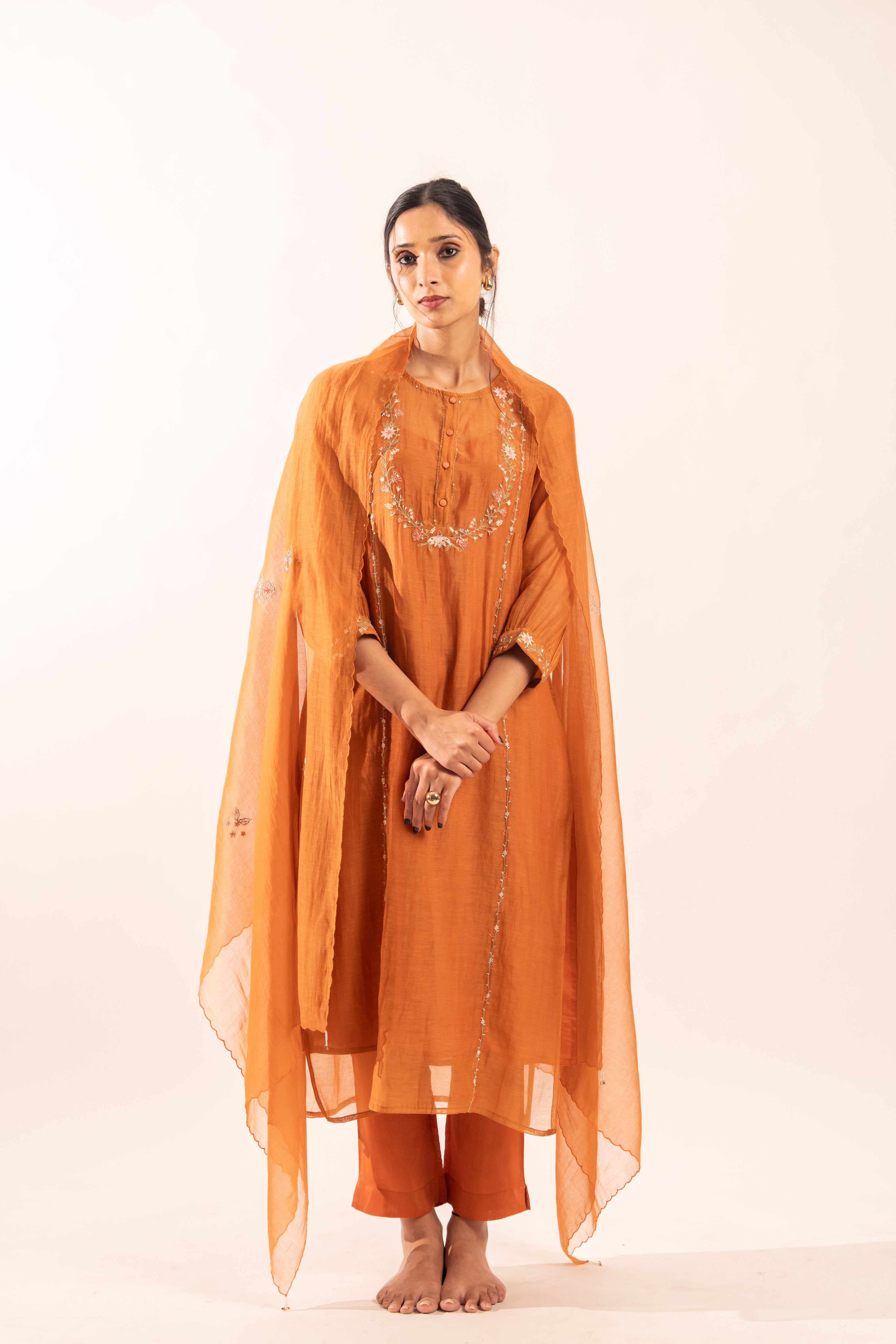 Rust orange camellia suit set with duppata