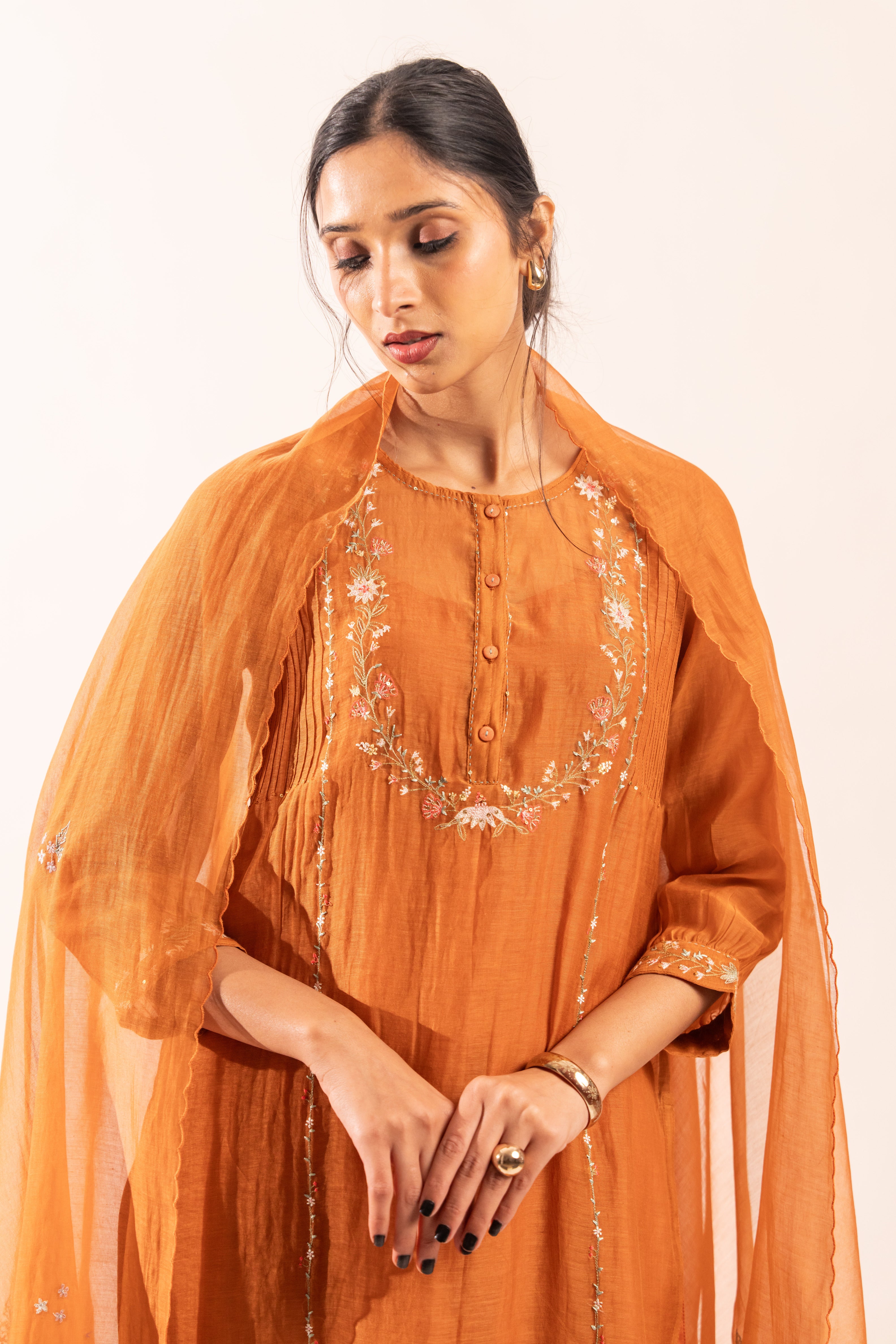 Rust orange camellia suit set with duppata