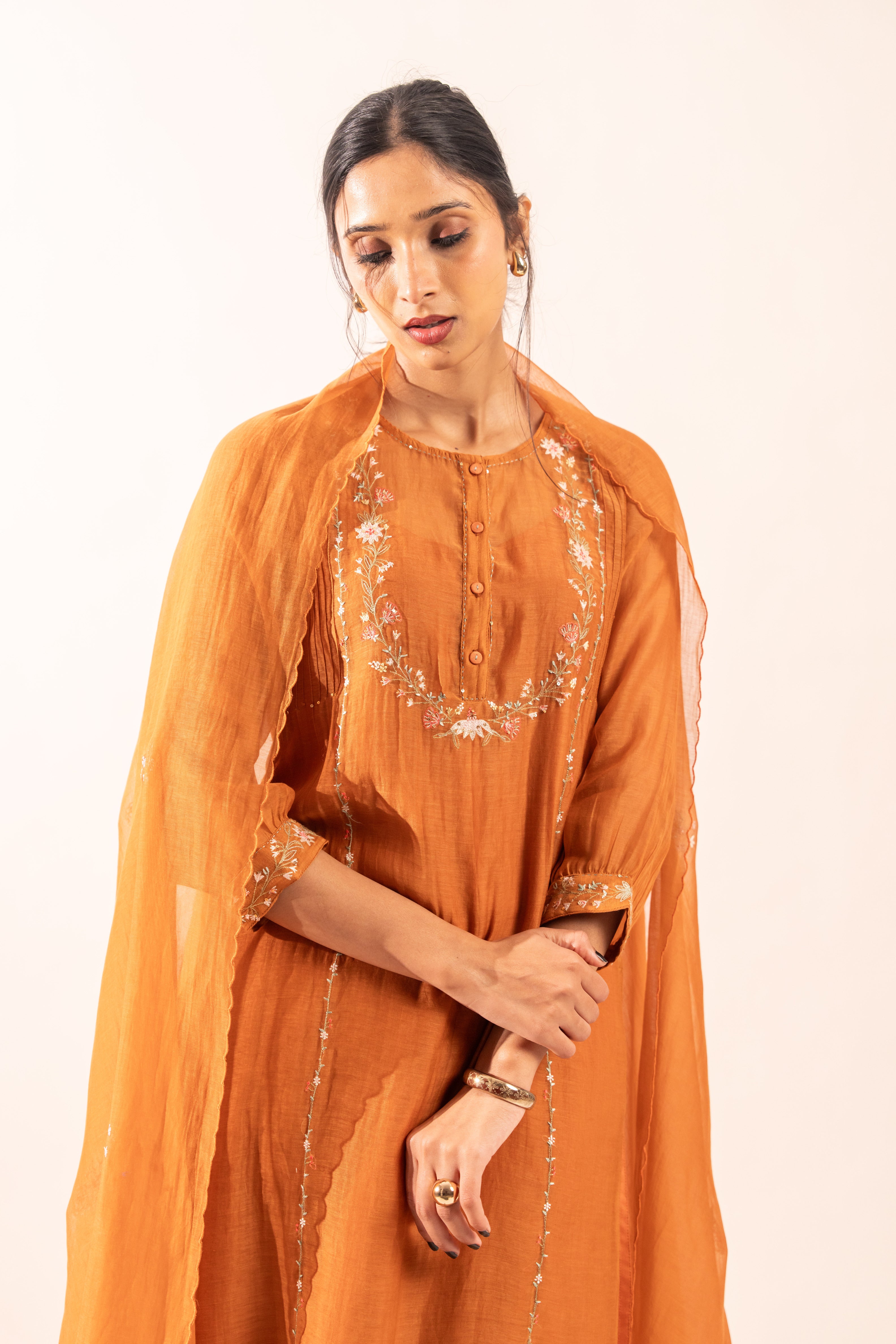 Rust orange camellia suit set with duppata