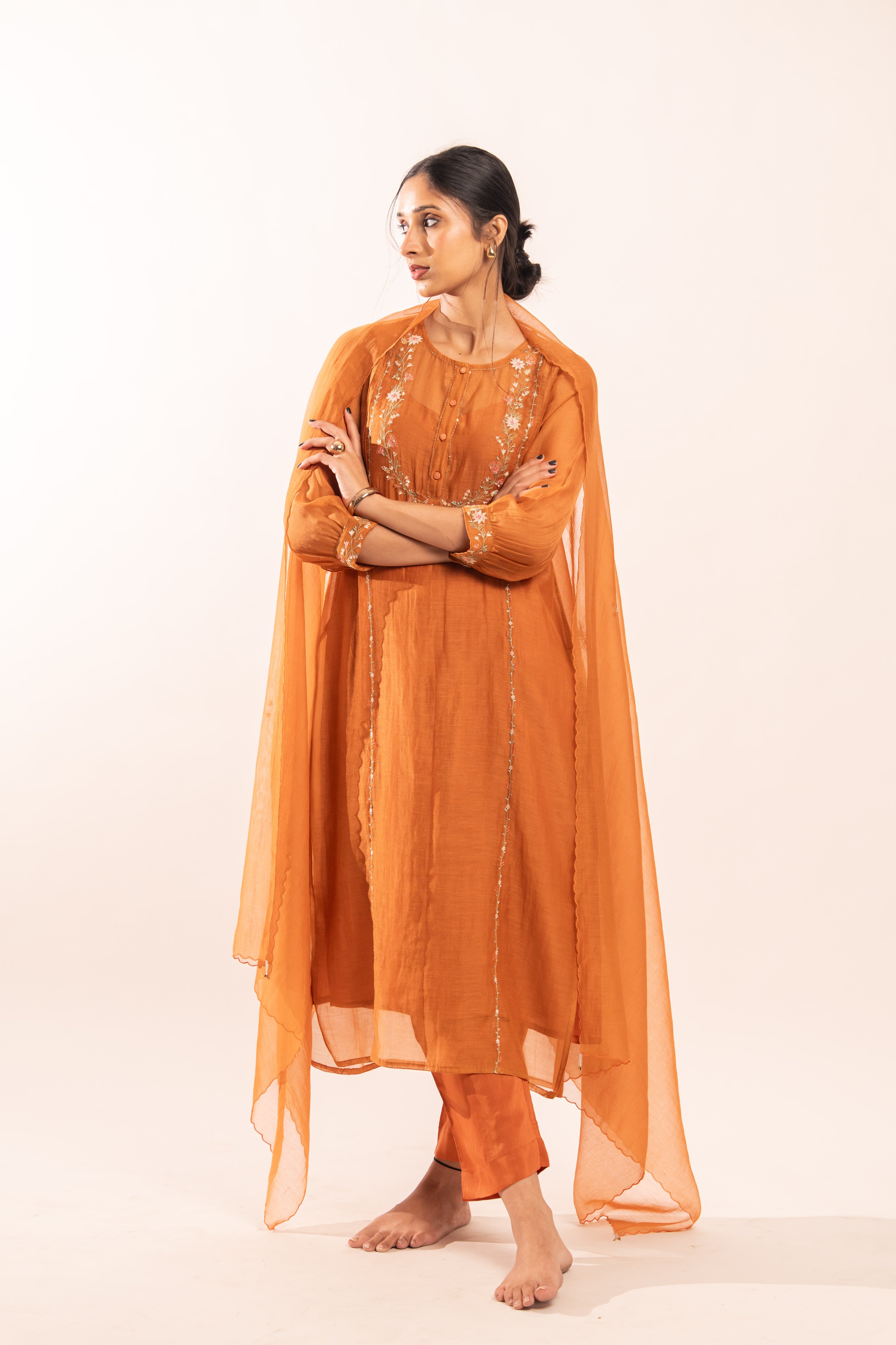 Rust orange camellia suit set with duppata