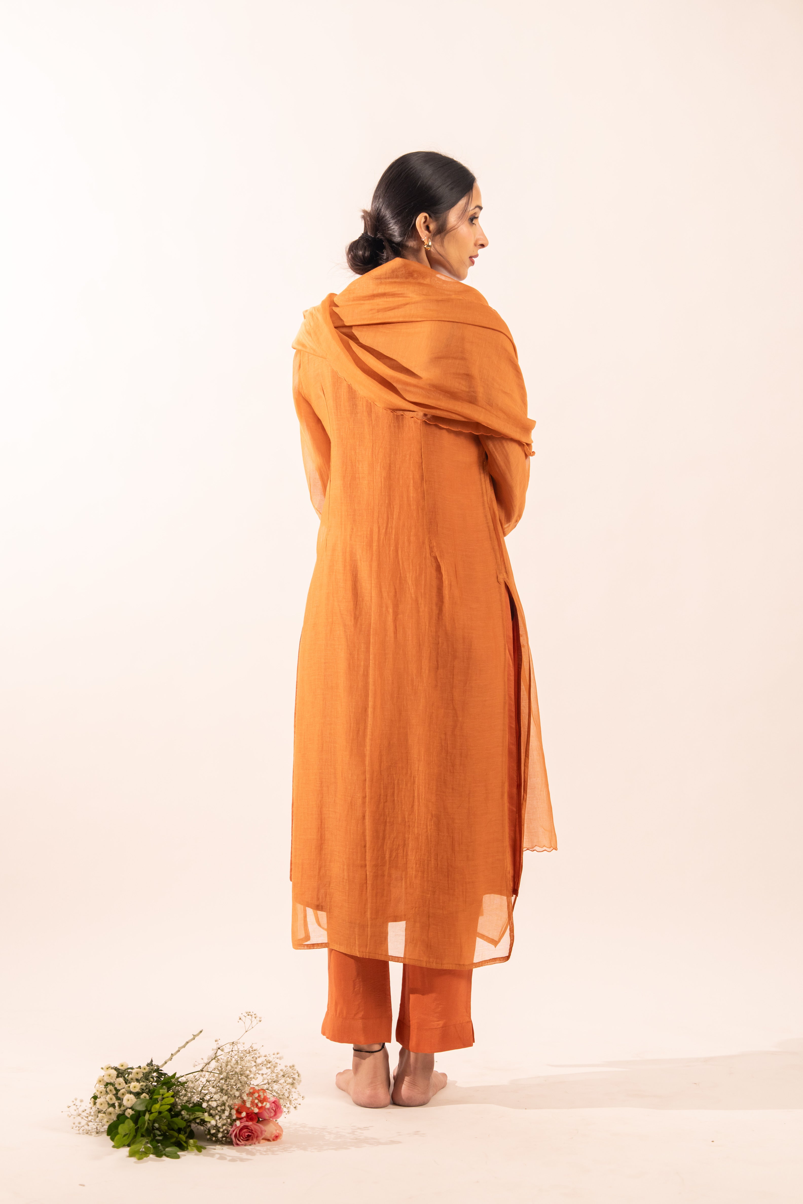 Rust orange camellia suit set with duppata