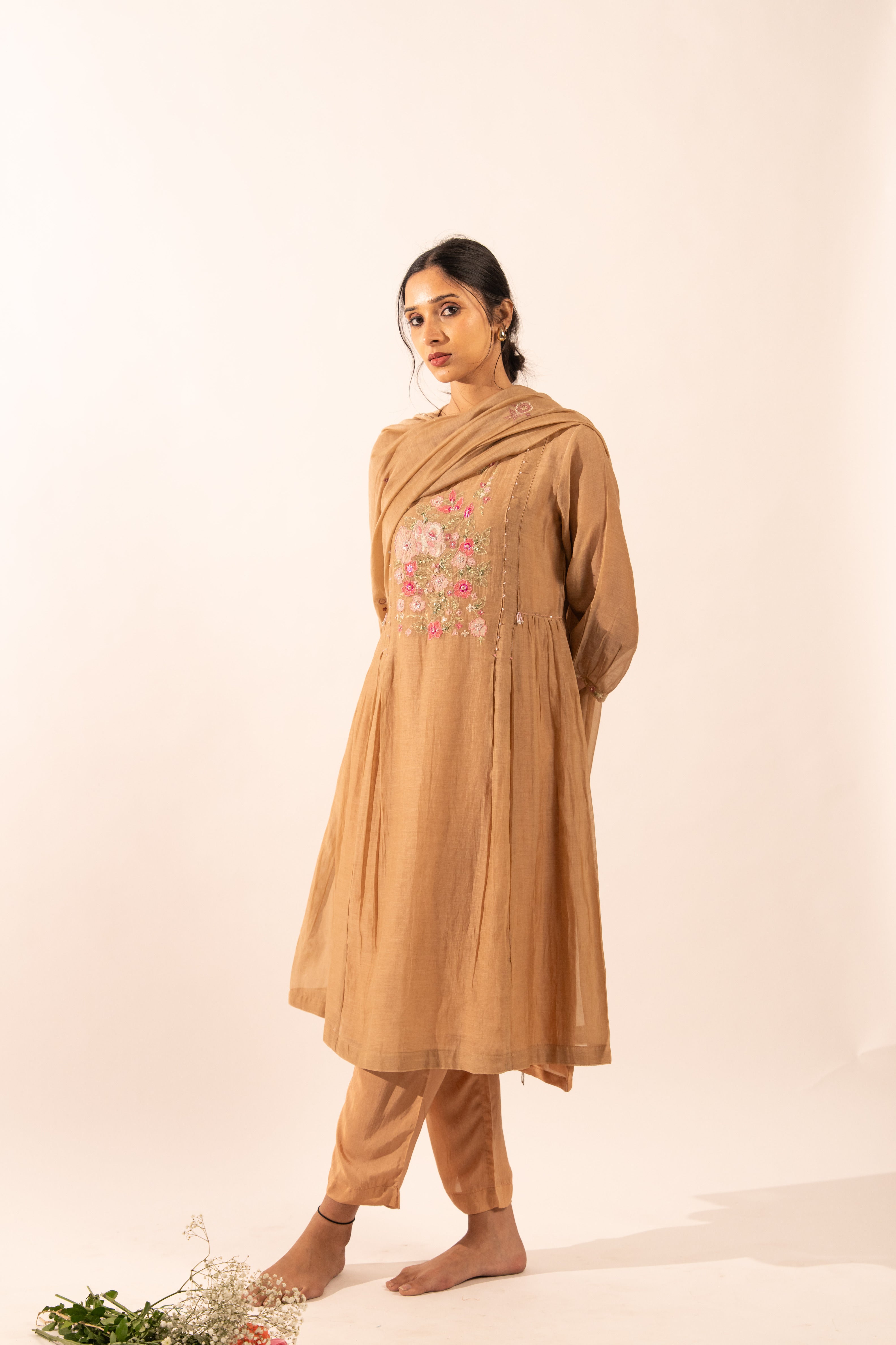 Chiku Floral applique Chanderi suit set with duppata