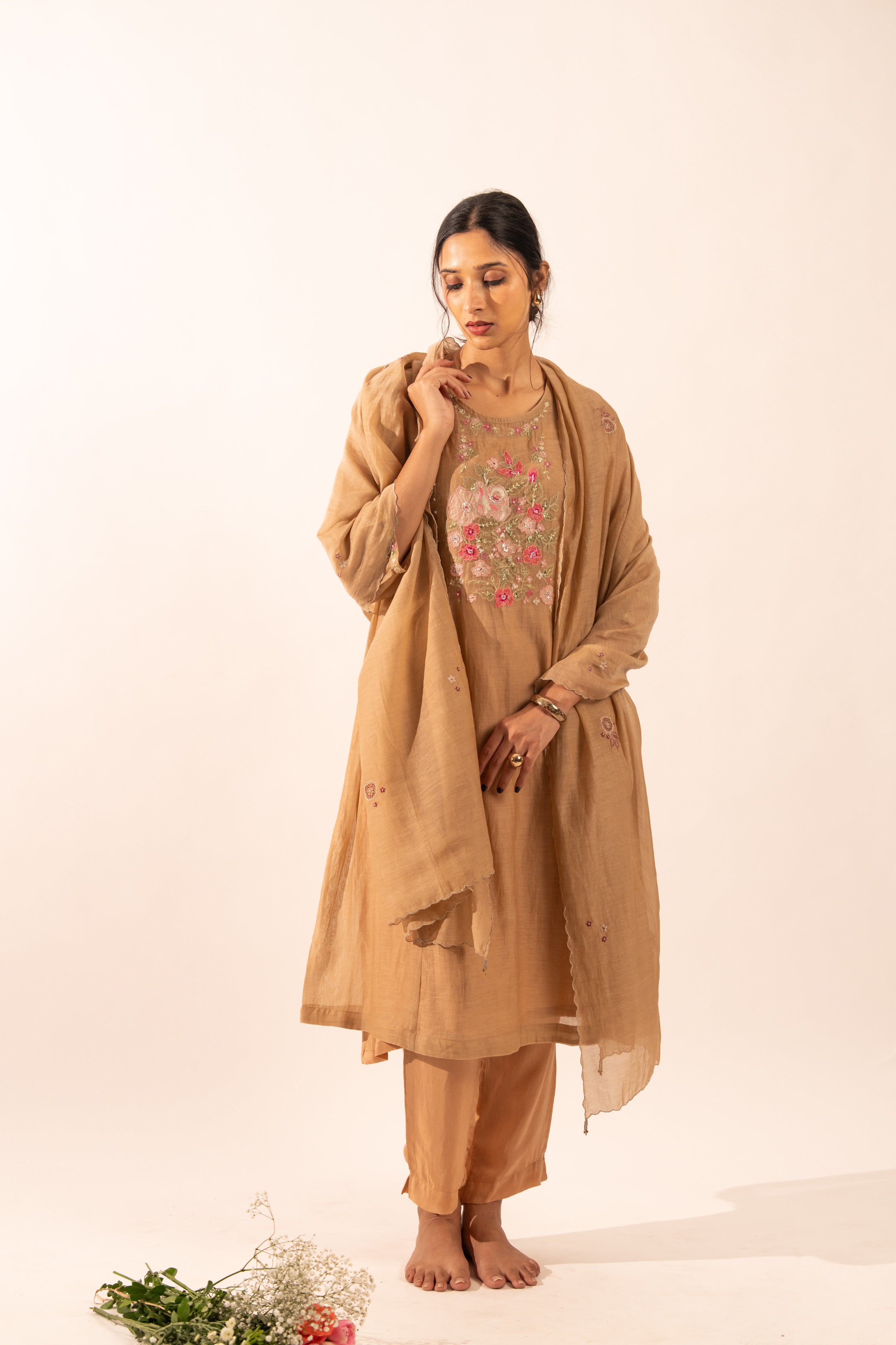 Chiku Floral applique Chanderi suit set with duppata