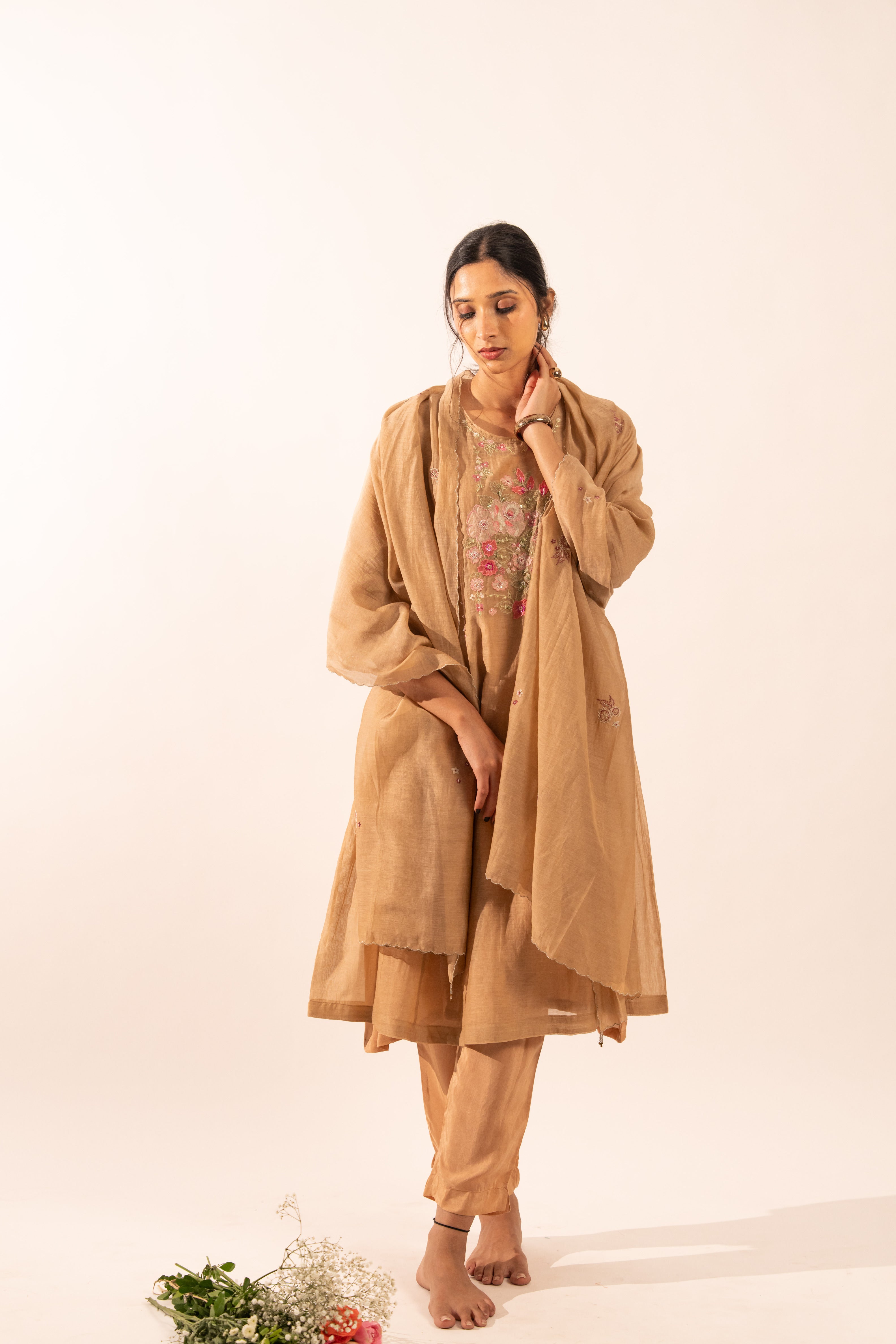 Chiku Floral applique Chanderi suit set with duppata