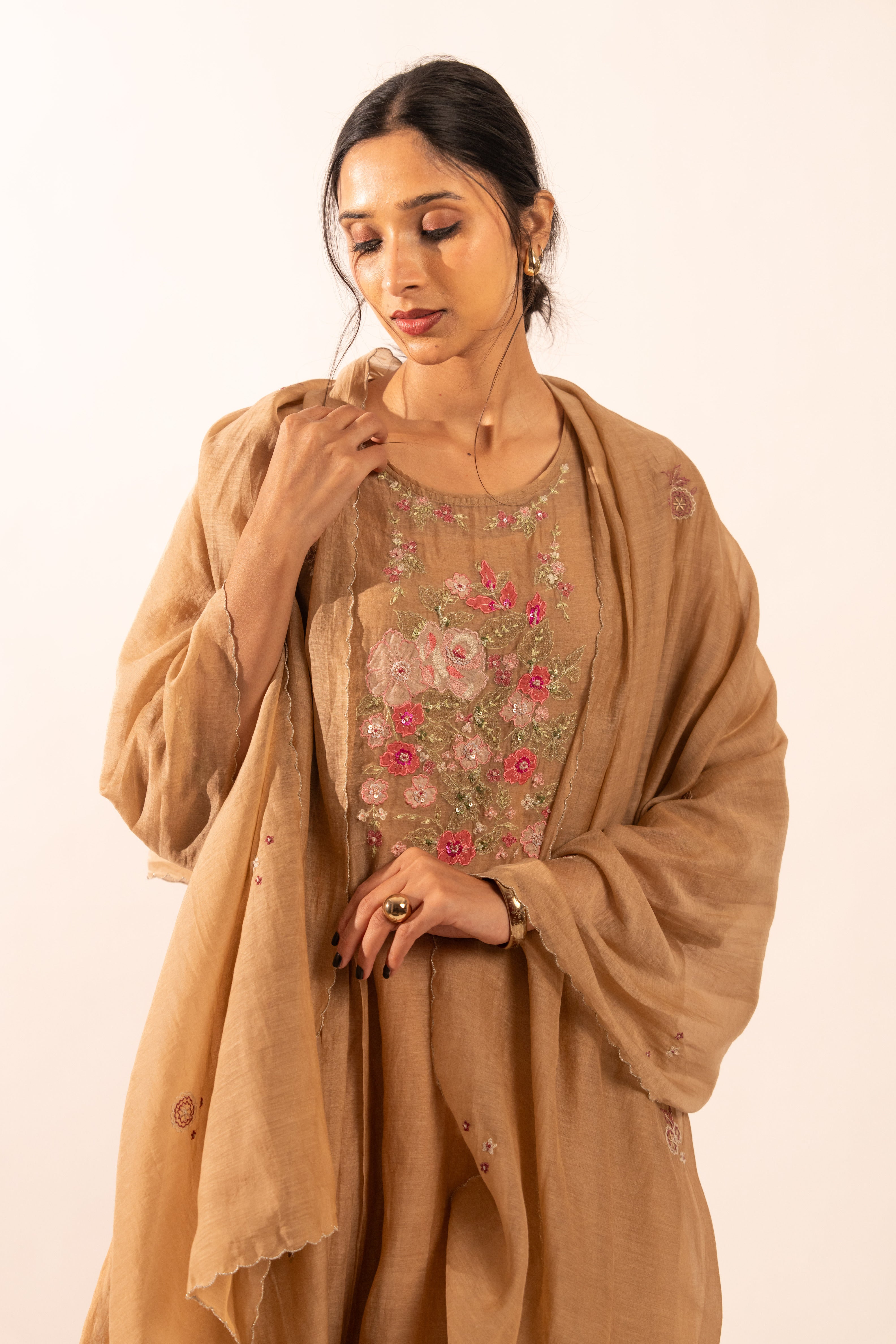 Chiku Floral applique Chanderi suit set with duppata