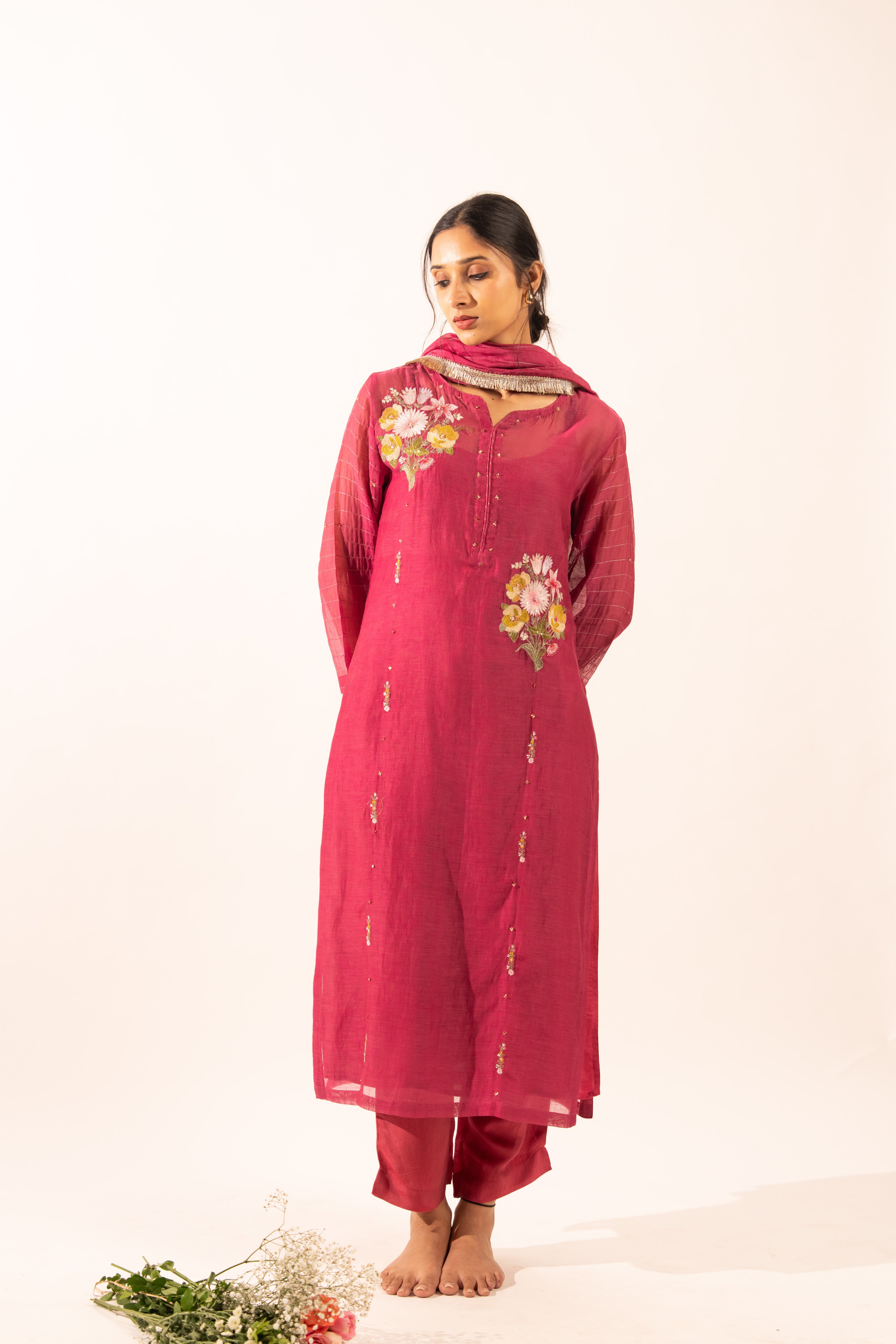 Rani pink twin bouquet suit set with duppata