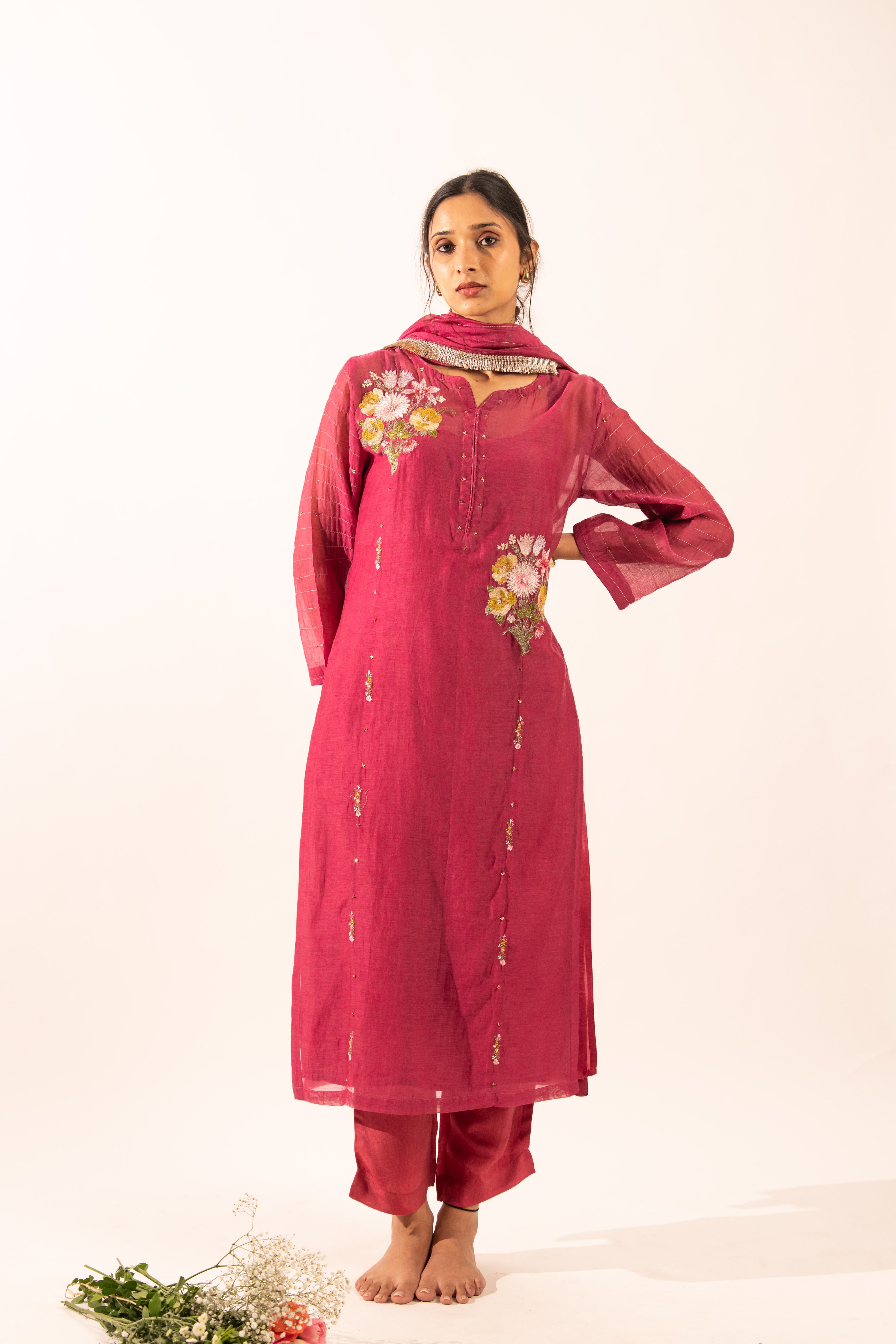Rani pink twin bouquet suit set with duppata