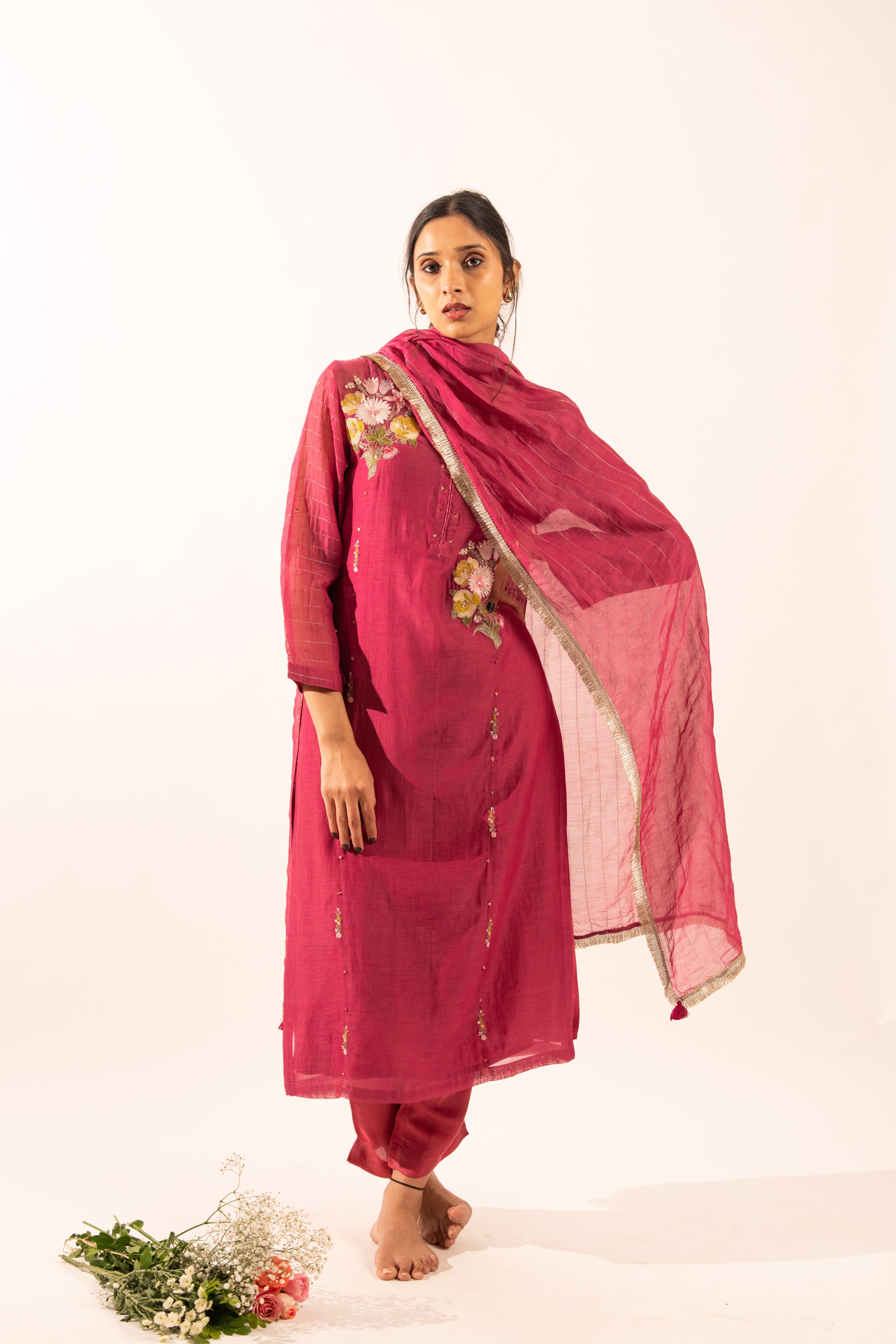 Rani pink twin bouquet suit set with duppata
