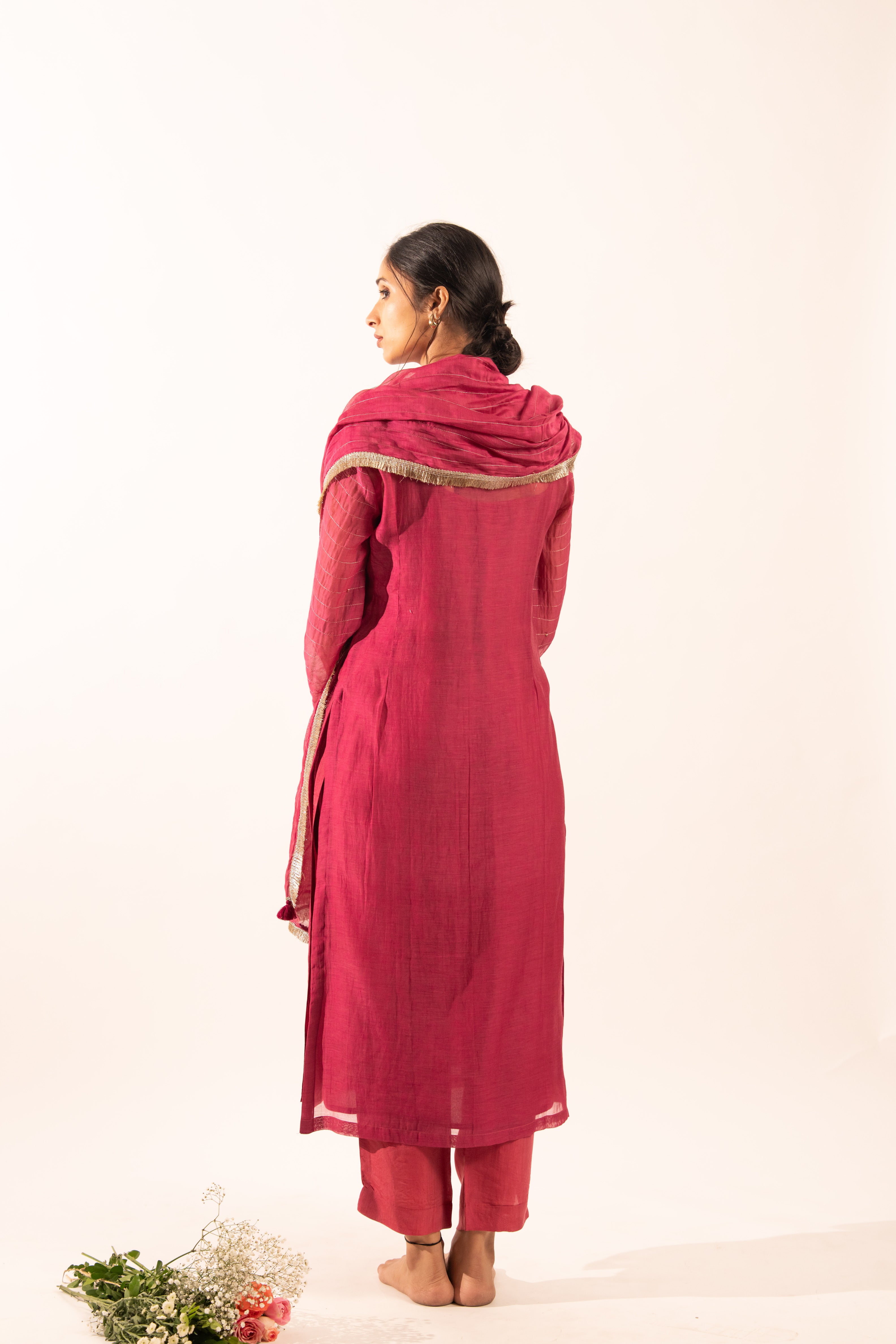 Rani pink twin bouquet suit set with duppata