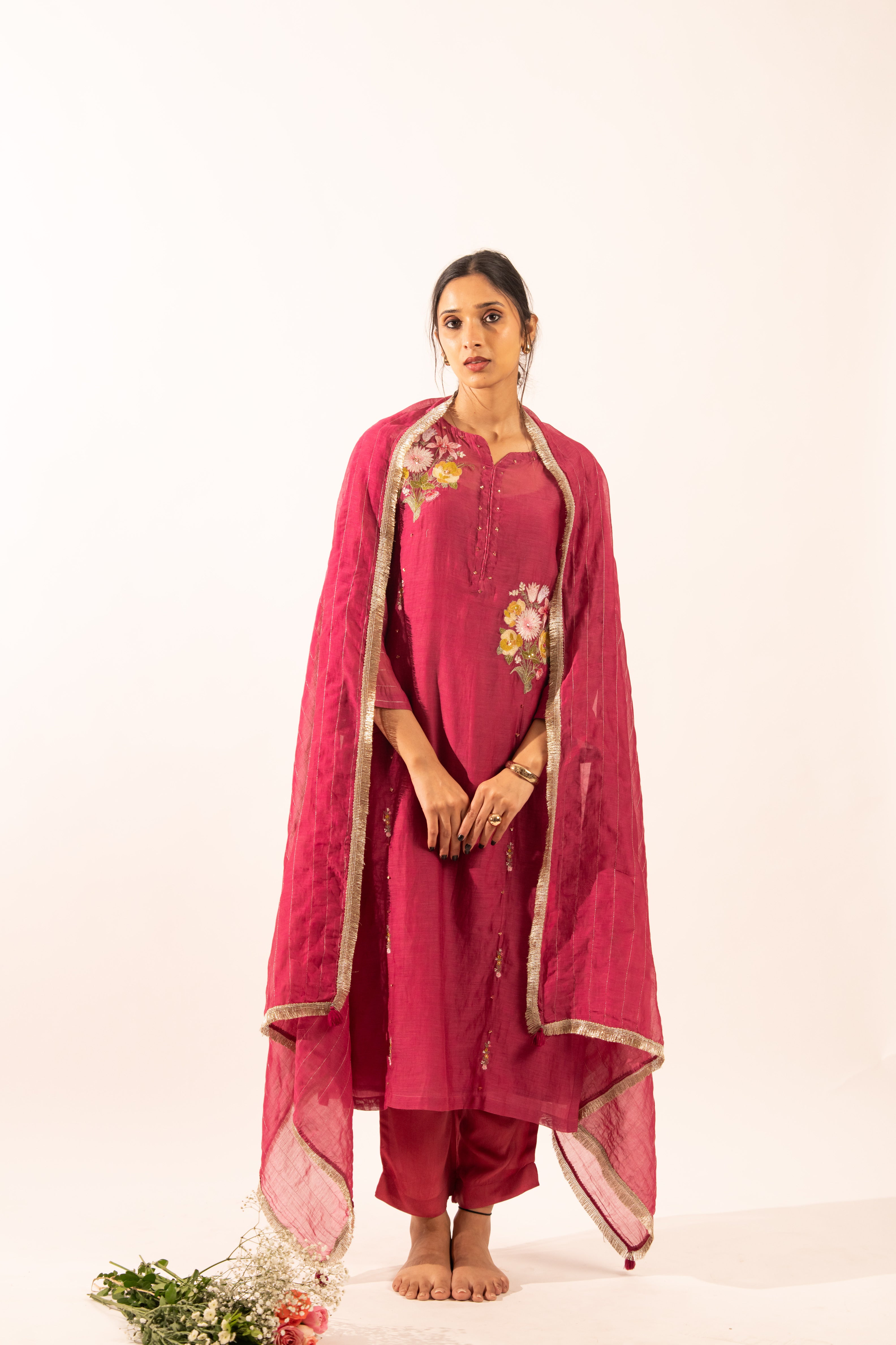 Rani pink twin bouquet suit set with duppata
