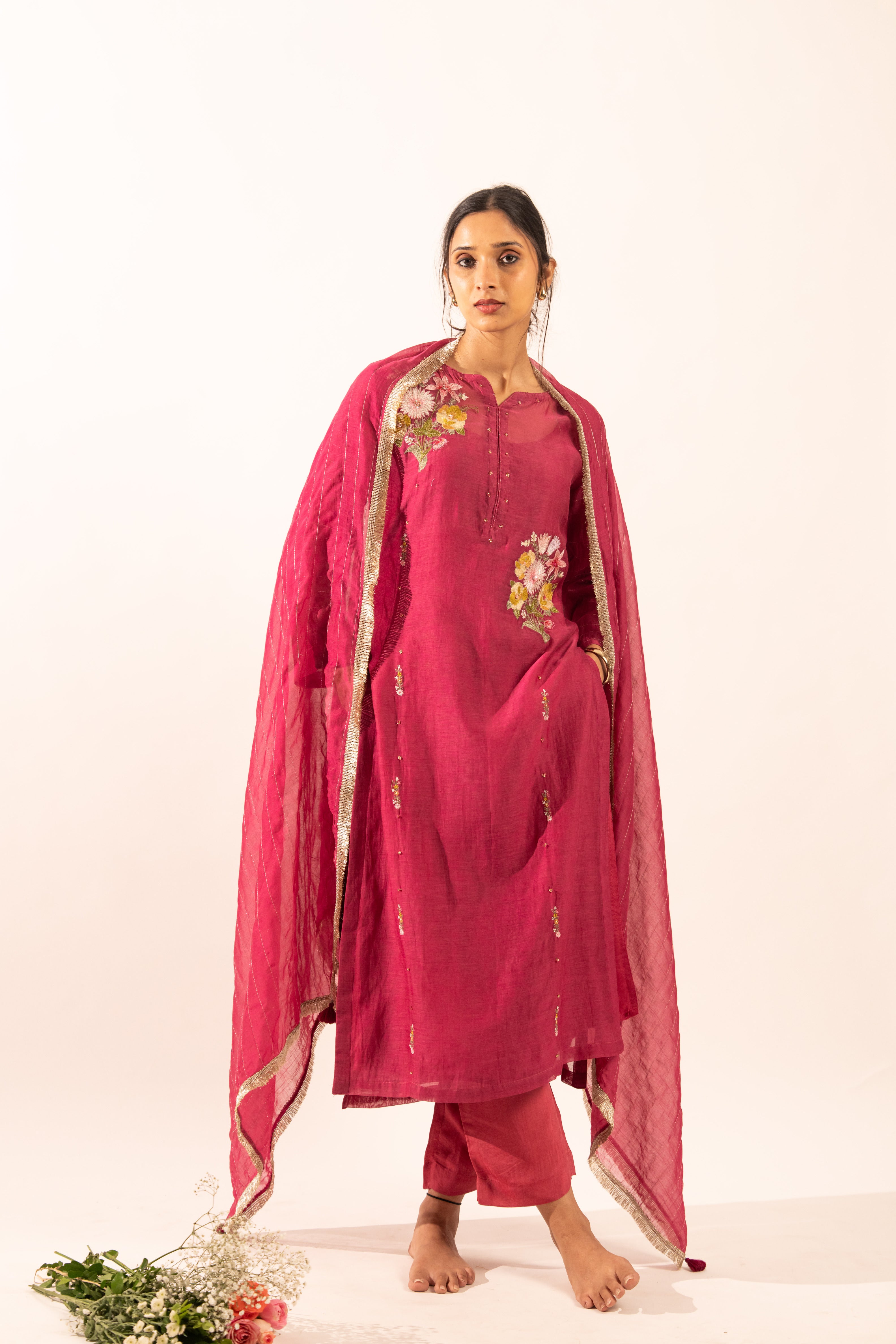 Rani pink twin bouquet suit set with duppata