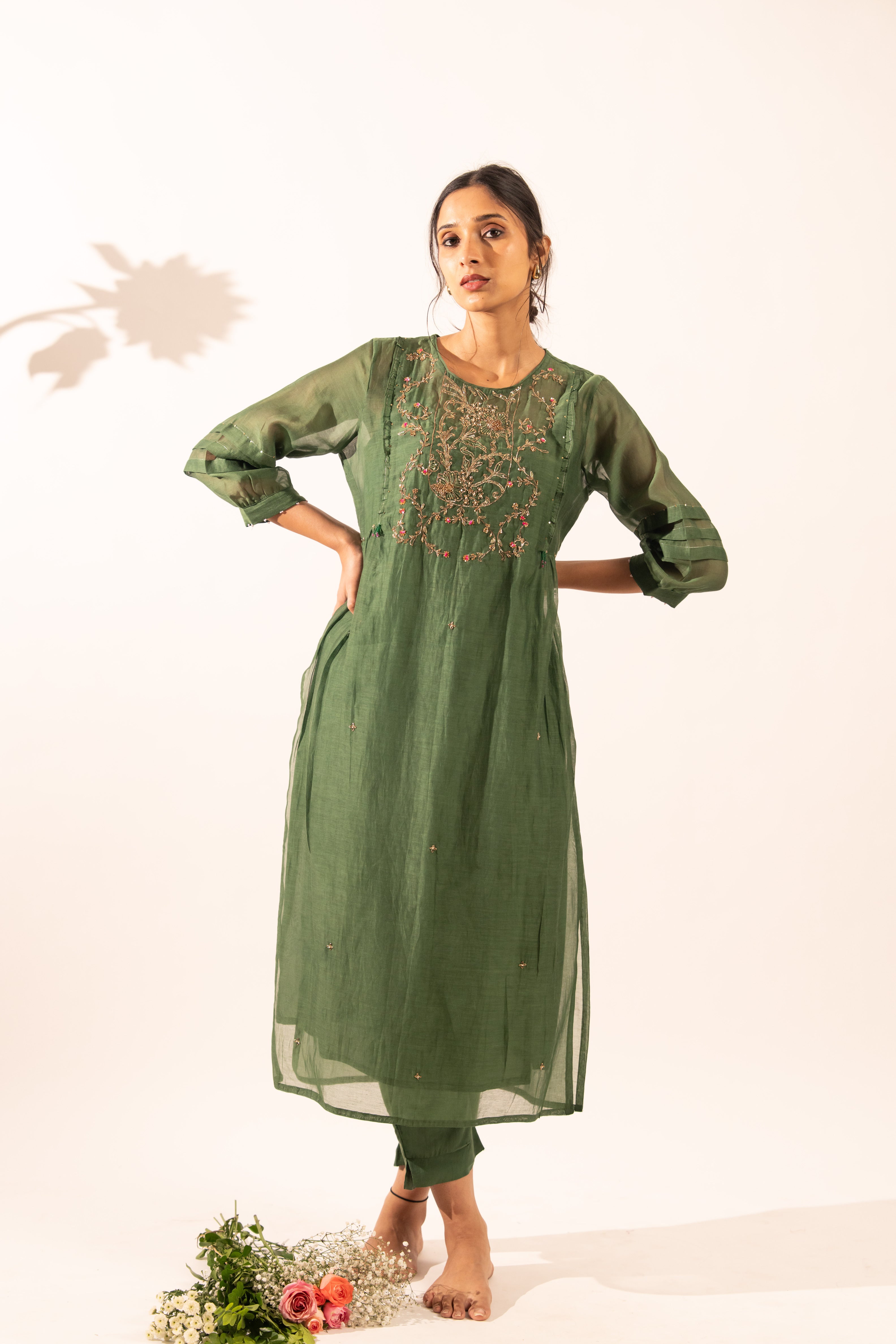 Bottle green victorian suit set with duppata