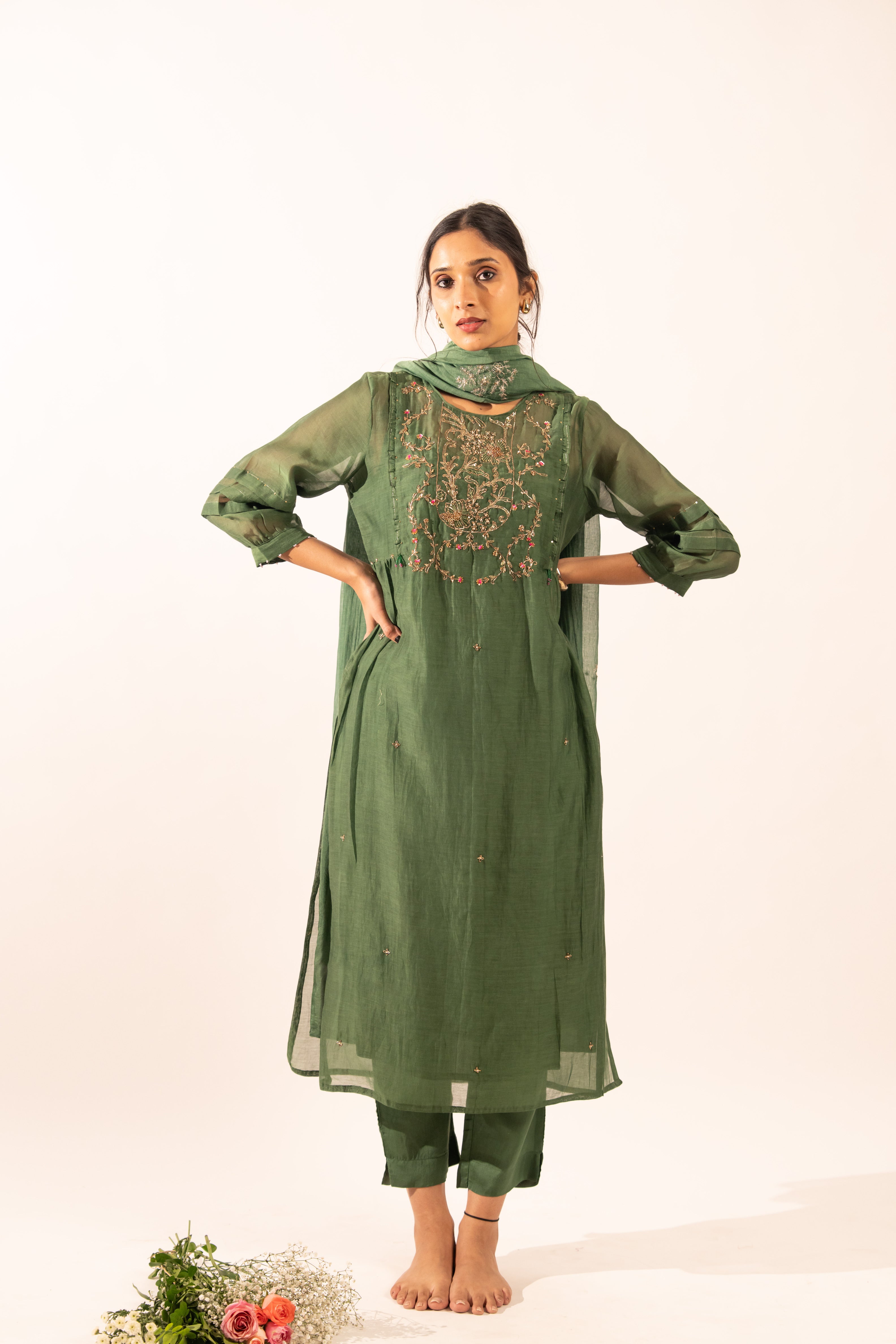 Bottle green victorian suit set with duppata