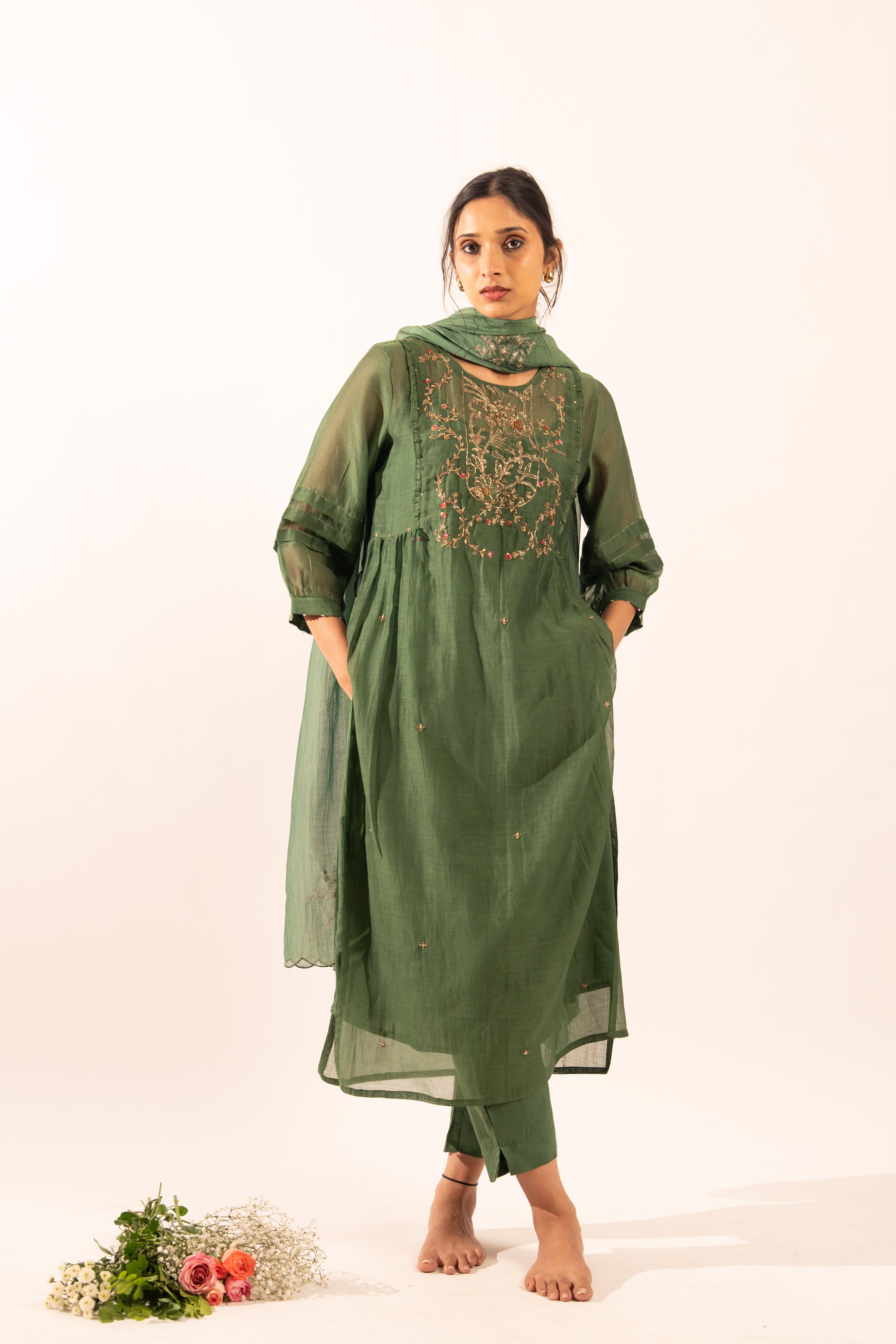 Bottle green victorian suit set with duppata