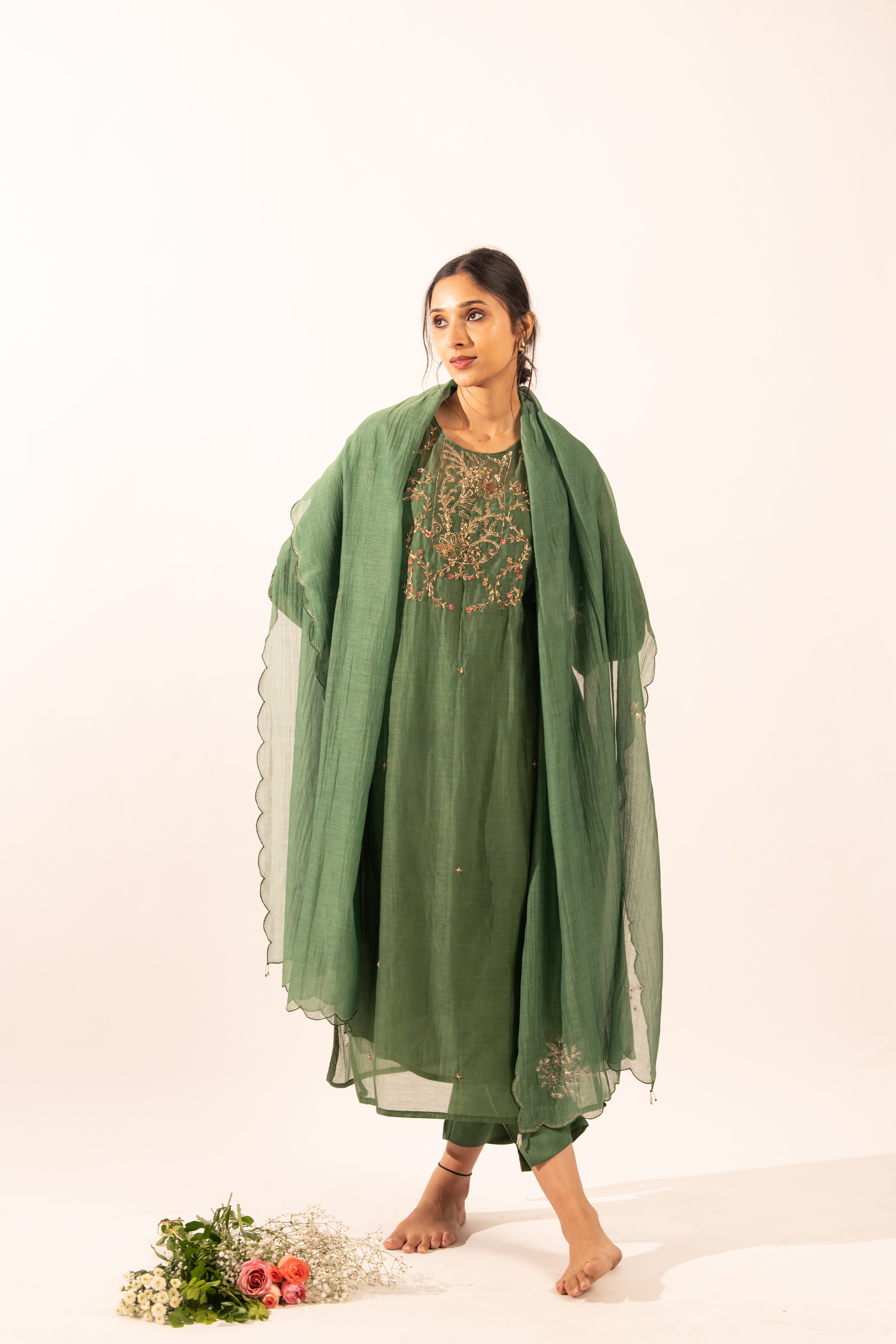 Bottle green victorian suit set with duppata