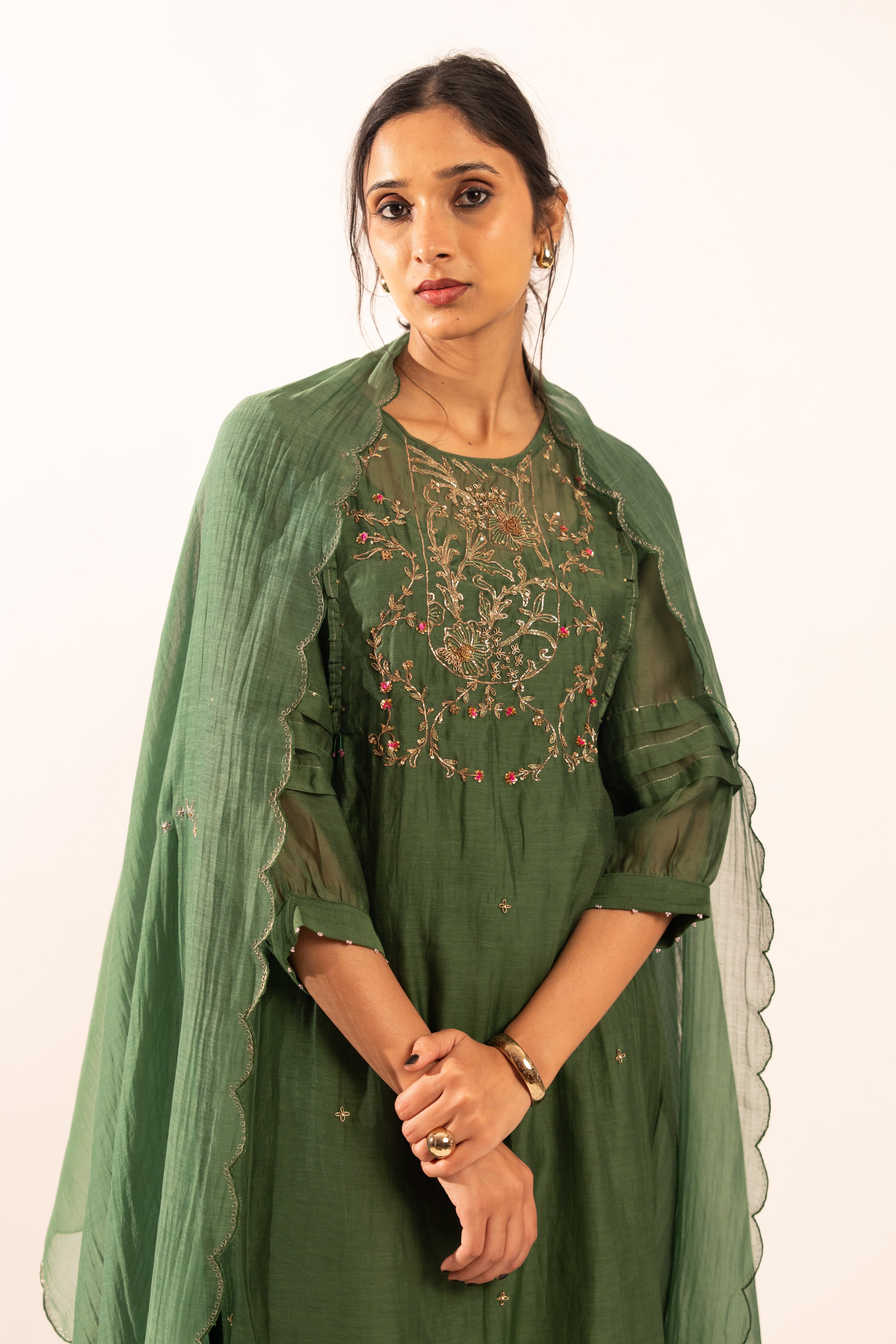 Bottle green victorian suit set with duppata